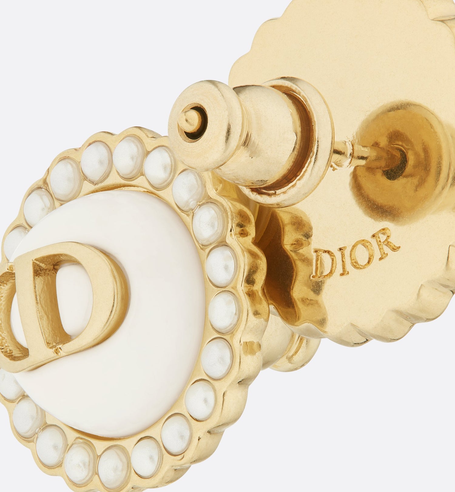 Petit Cd Baroque Stud Earrings Gold Finish Metal With White Resin Pearls And Latte Glass