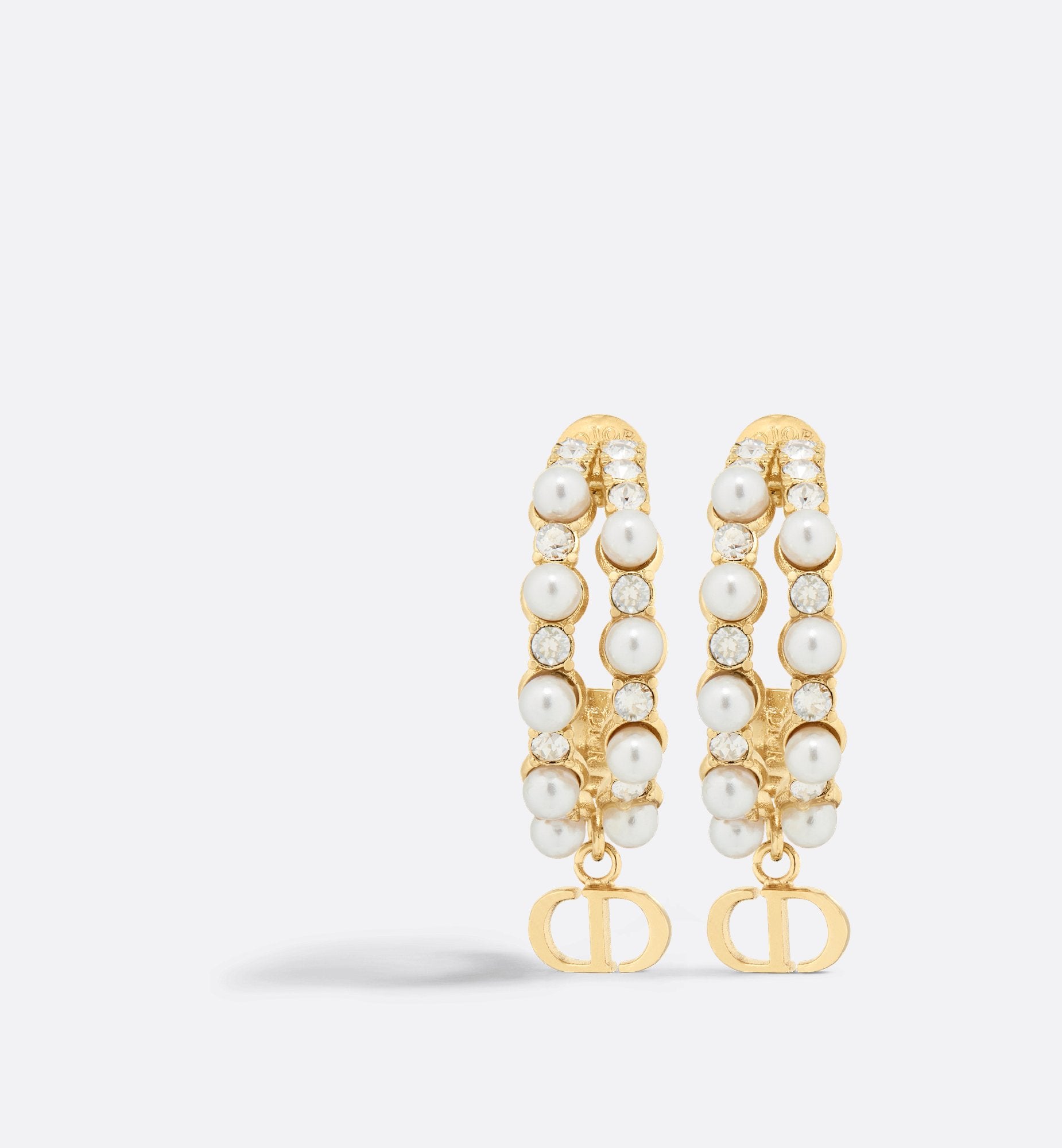 Petit Cd Treasure Earrings Gold Finish Metal With White Resin Pearls And Silver-Tone Crystals