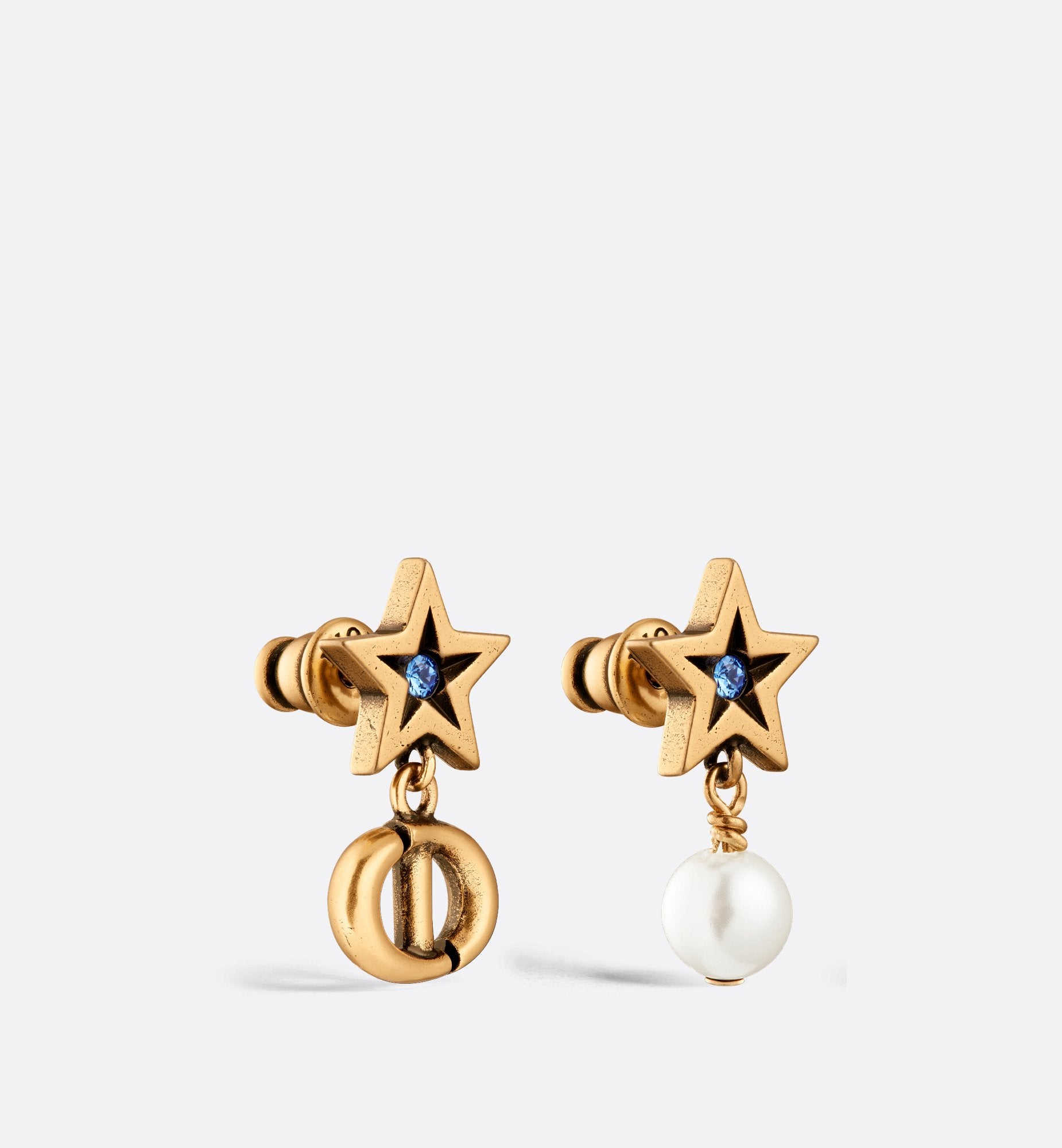 Lucky Charms Stud Earrings Antique Gold Finish Metal, White Resin Pearl And Blue Crystals