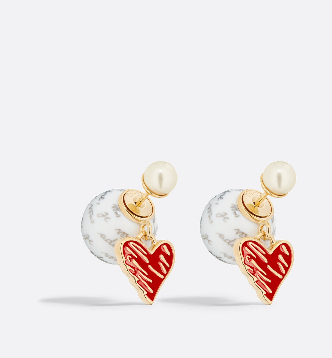 Dioramour Tribales Earrings Gold Finish Metal With White Resin Pearls And Red Lacquer