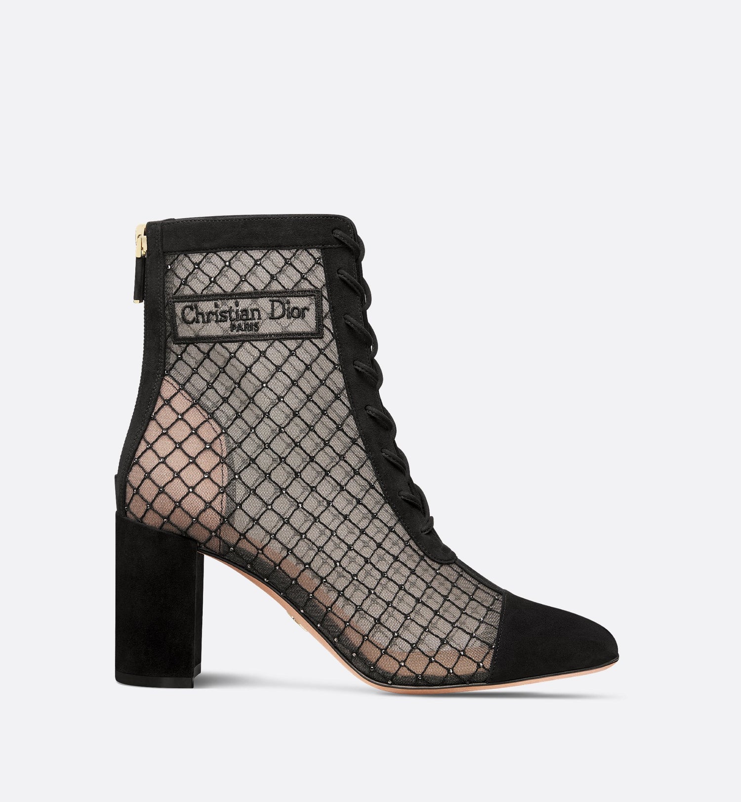 Naughtily D Heeled Ankle Boot Transparent Mesh Embroidered With Silver-Tone Strass And Black Suede Goatskin