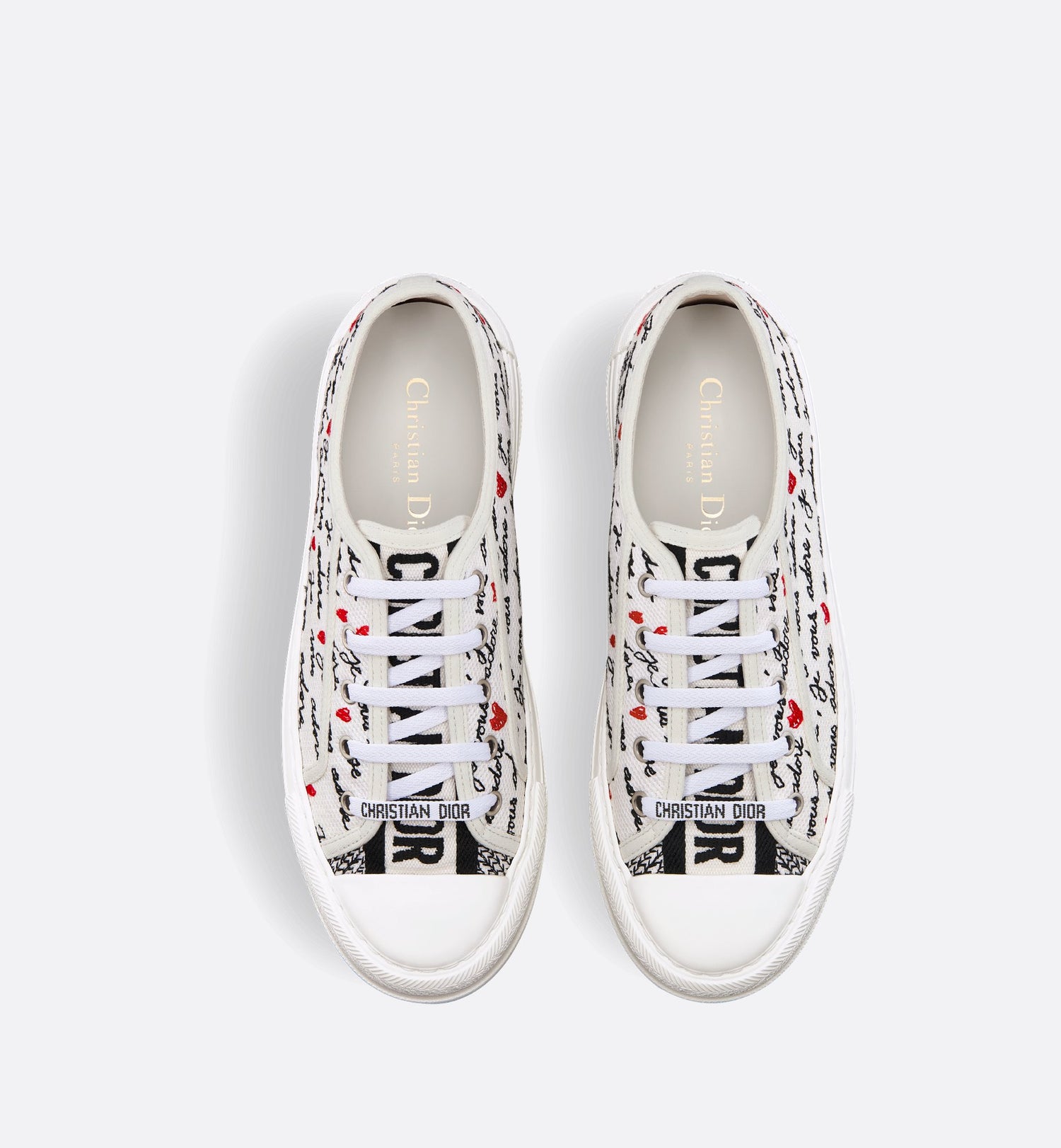 Dioramour Walk N Dior Platform Sneaker White Cotton With Embroidered Black And Red Je Vous Adore Motif