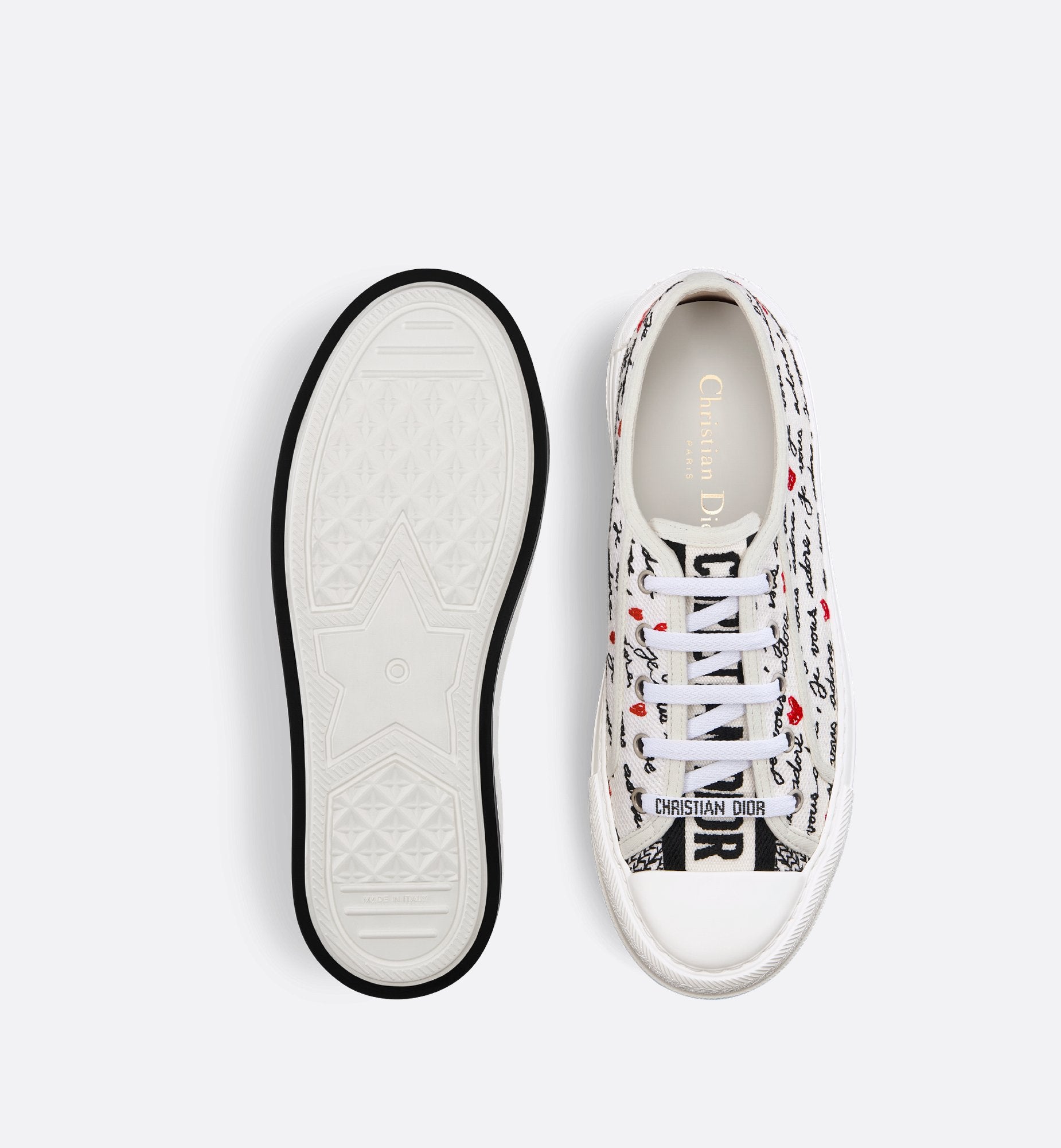 Dioramour Walk N Dior Platform Sneaker White Cotton With Embroidered Black And Red Je Vous Adore Motif