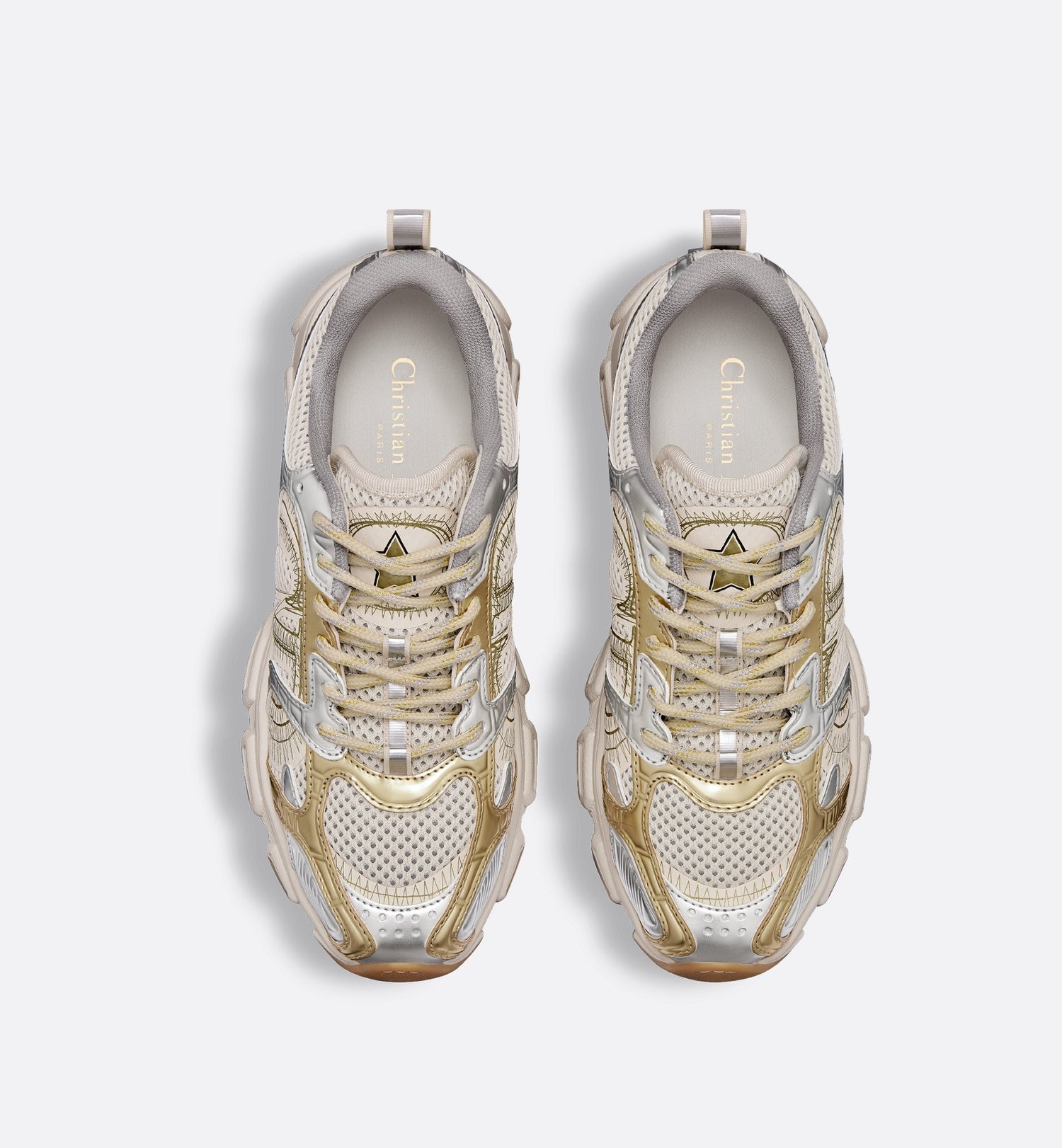 Chrono Sneaker Beige Mesh With Gold Tone And Silver Tone Laminated Leather Effect Panels