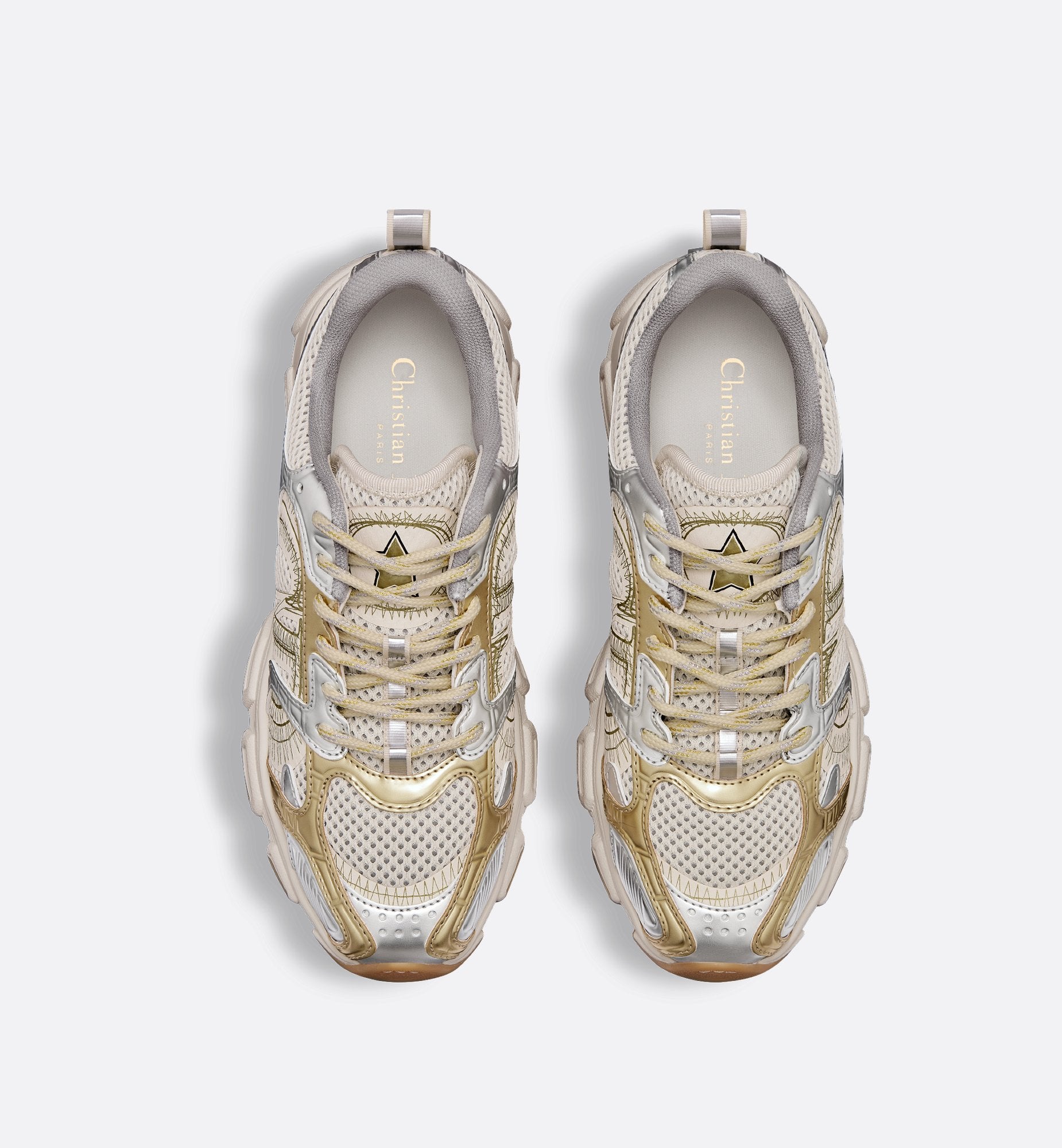 Chrono Sneaker Beige Mesh With Gold Tone And Silver Tone Laminated Leather Effect Panels