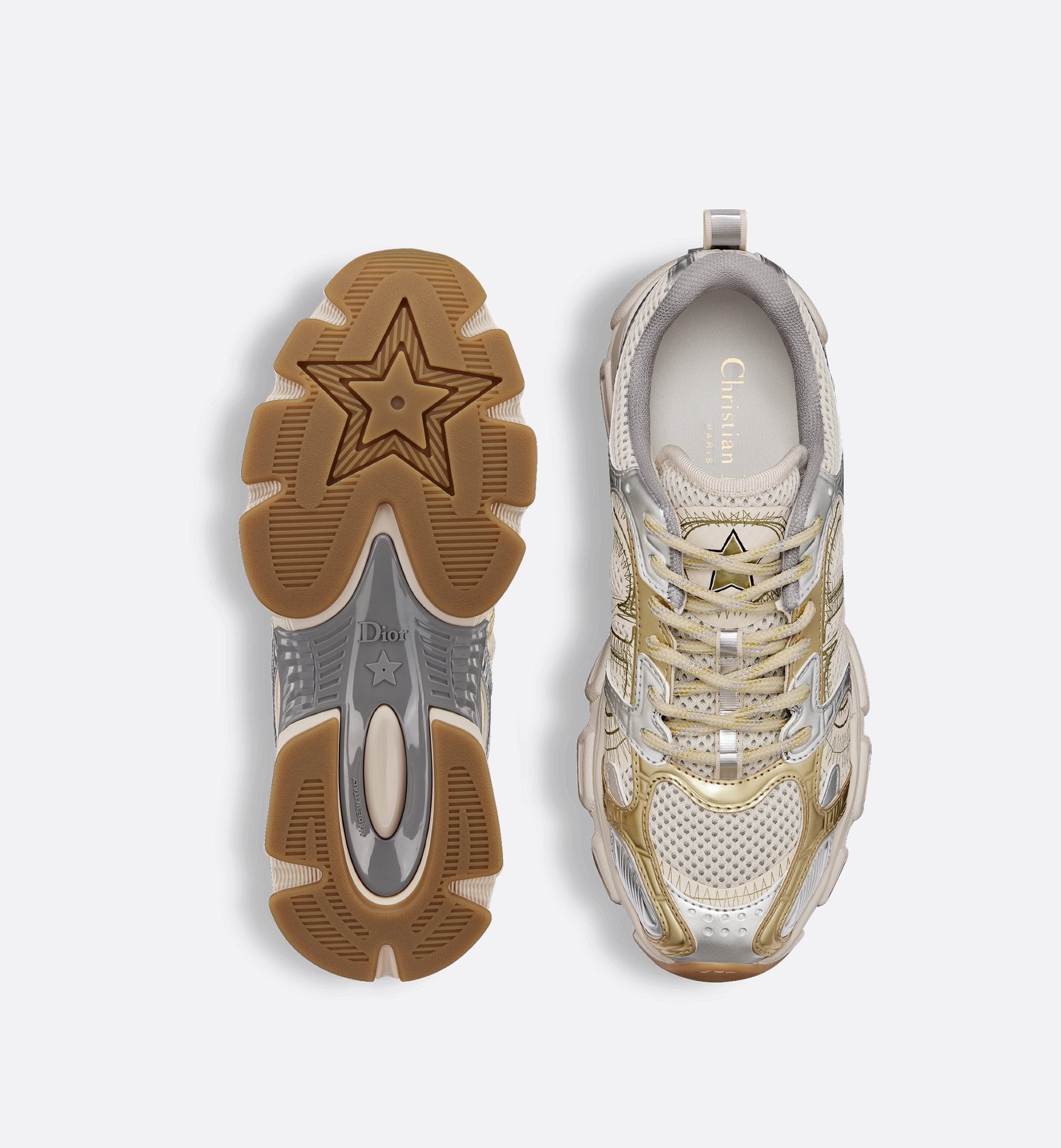 Chrono Sneaker Beige Mesh With Gold Tone And Silver Tone Laminated Leather Effect Panels