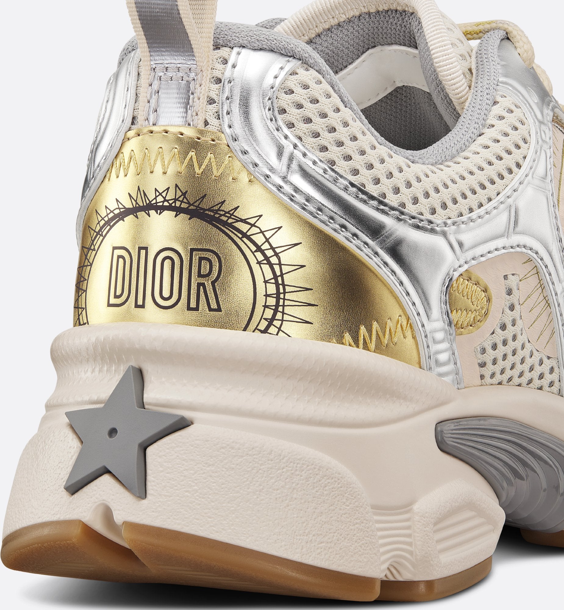 Chrono Sneaker Beige Mesh With Gold Tone And Silver Tone Laminated Leather Effect Panels