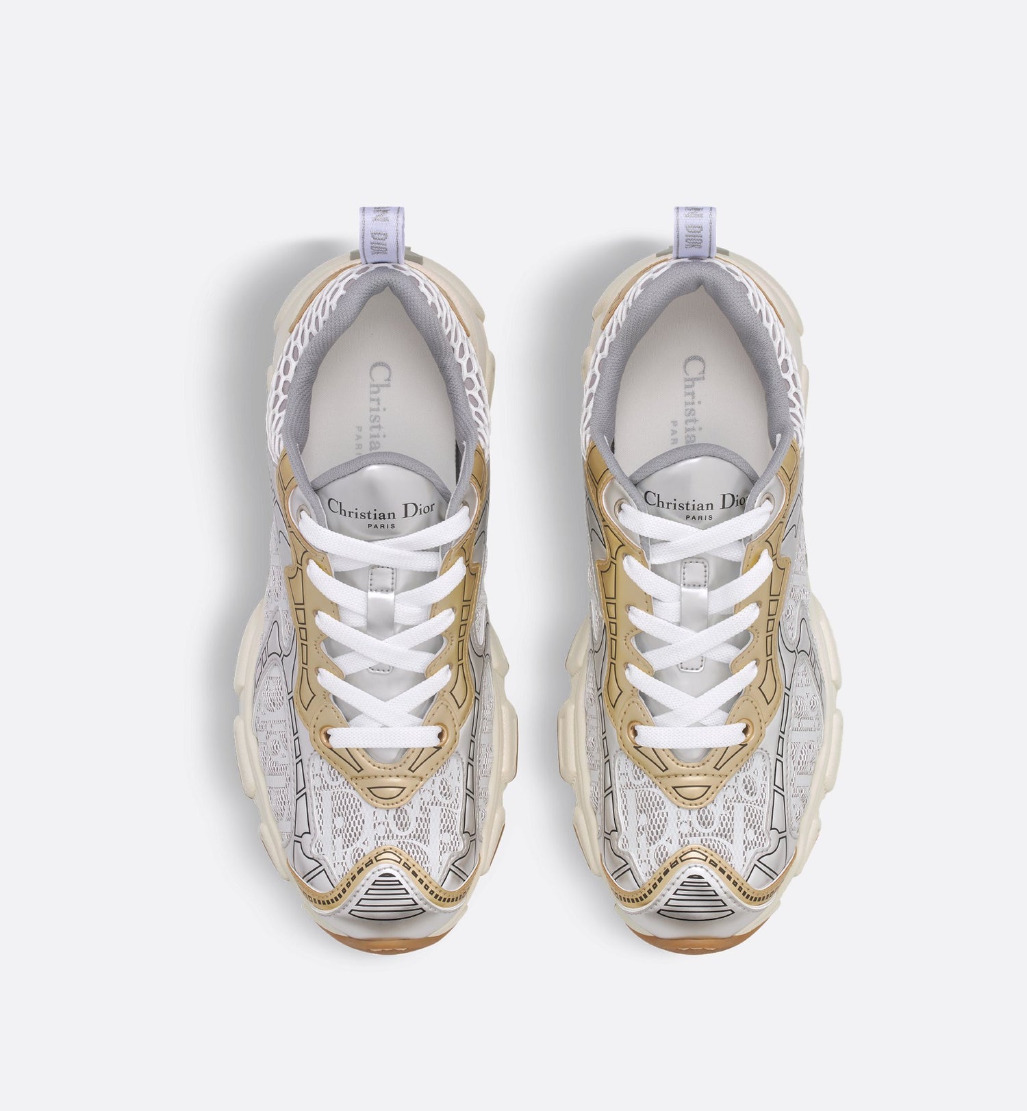 Vibe Sneaker White Mesh Printed With Oblique Motif And Gold And Silver Tone Laminated Leather Effect Panels