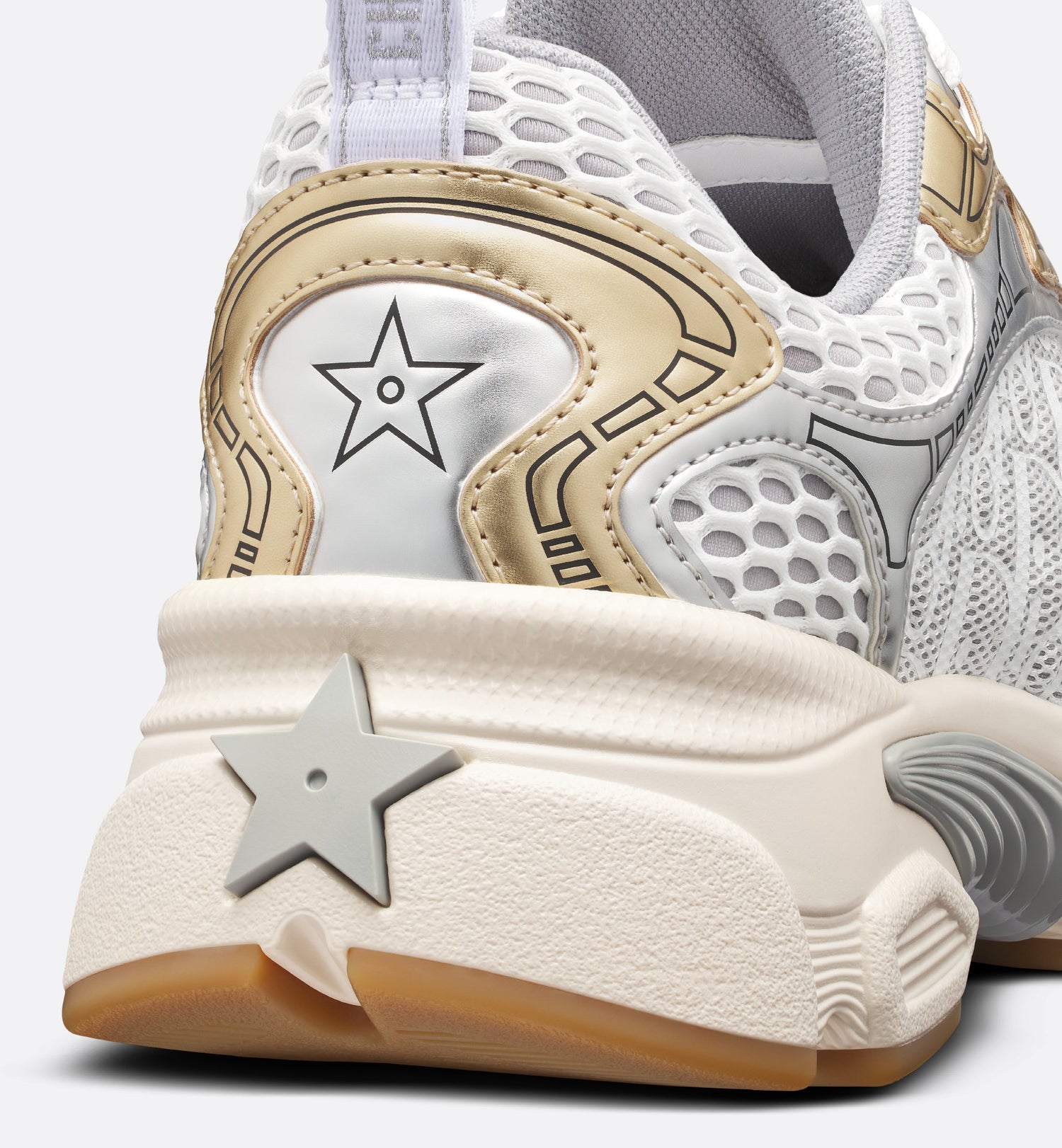 Vibe Sneaker White Mesh Printed With Oblique Motif And Gold And Silver Tone Laminated Leather Effect Panels