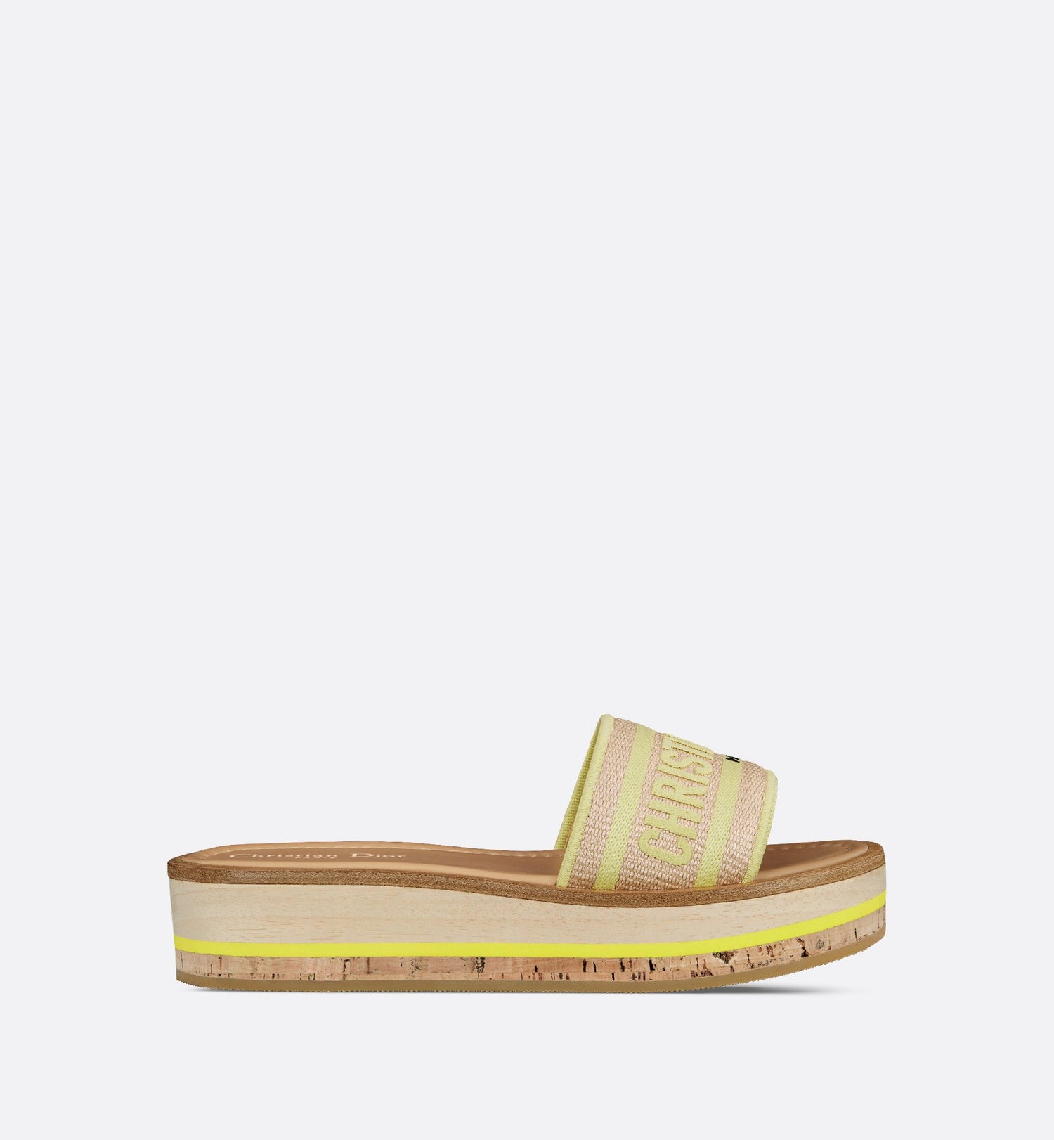 Dioriviera Dway Platform Slide Natural Raffia And Lemon Yellow Embroidered Cotton