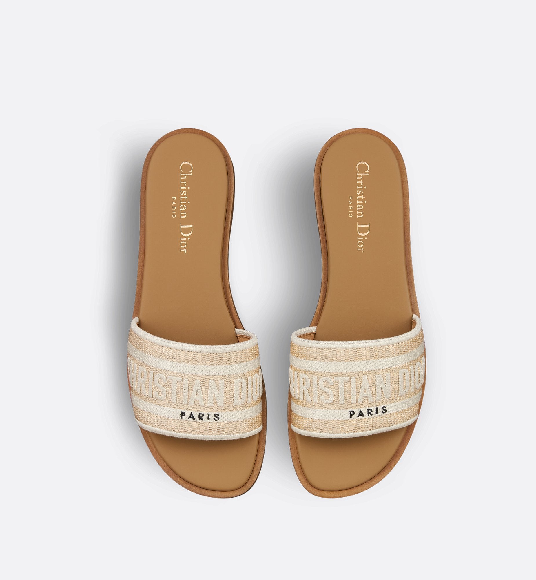 Dioriviera Dway Slide Natural Raffia And White Embroidered Cotton