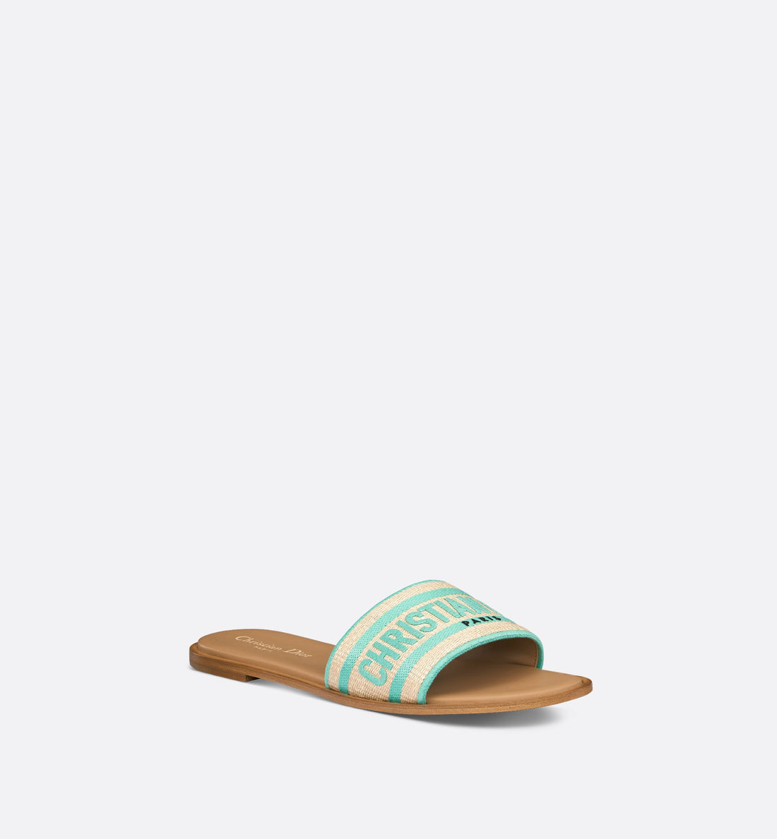 Dioriviera Dway Slide Natural Raffia And Aquamarina Embroidered Cotton