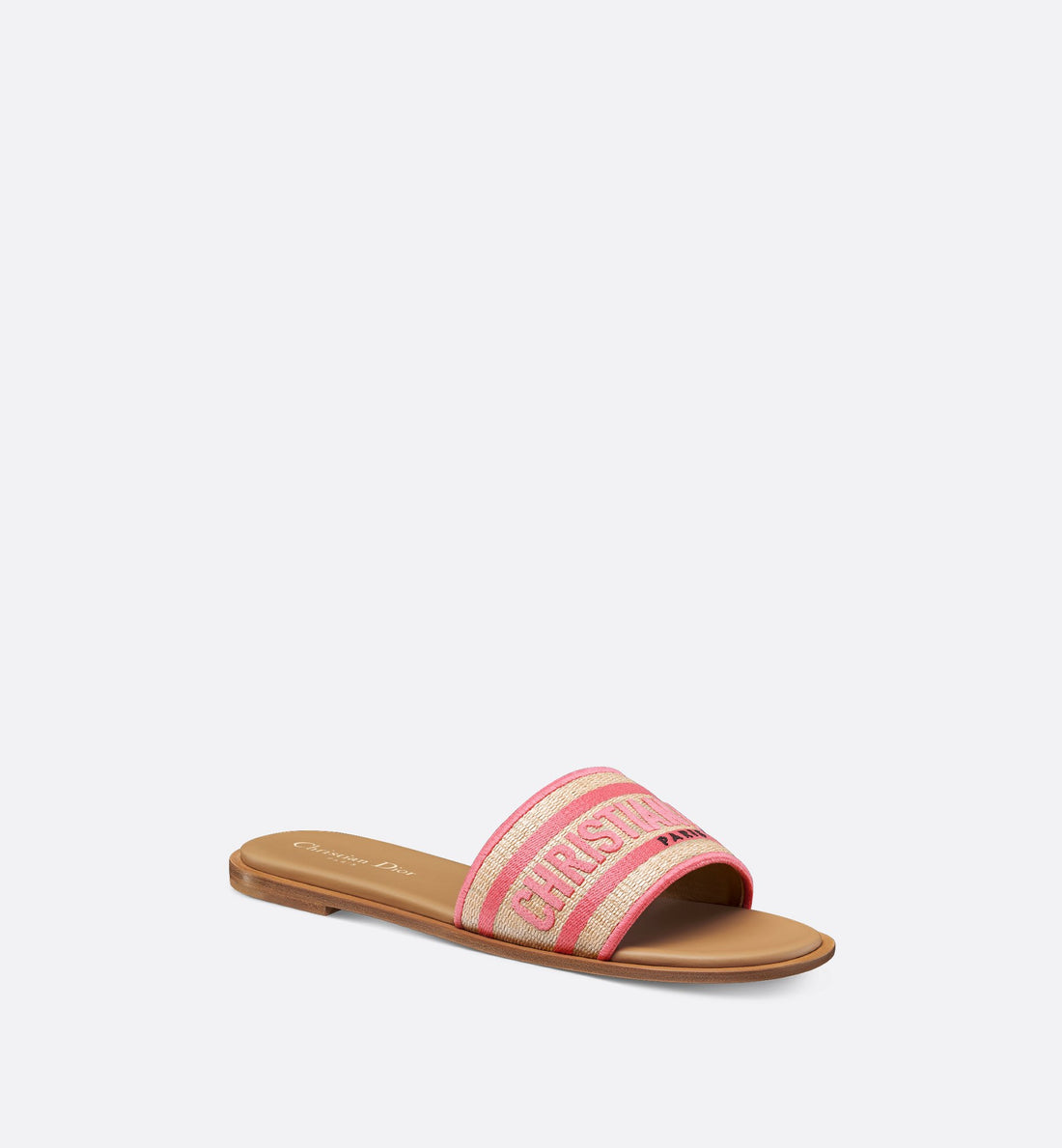 Dioriviera Dway Slide Natural Raffia And Candy Pink Embroidered Cotton