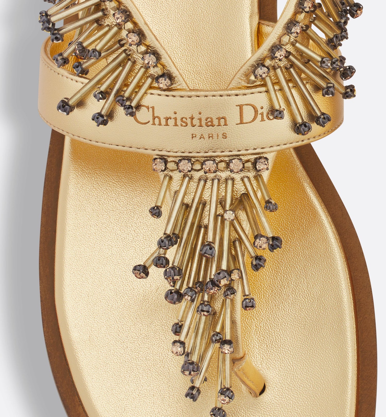 Eclat Thong Sandal Gold Tone Laminated Lambskin With Cabochons And Strass