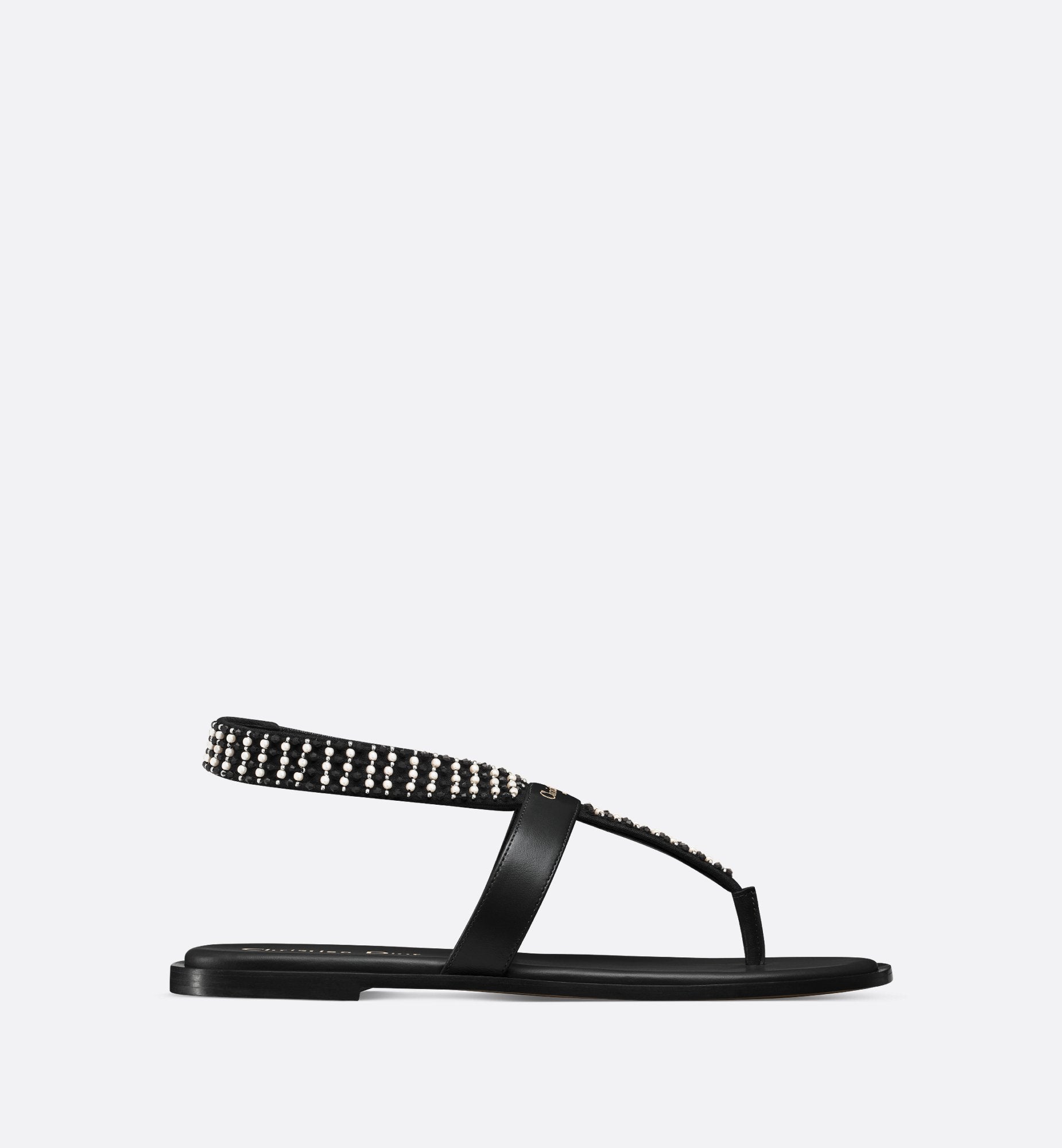 Eclat Thong Sandal Black Lambskin With Black And White Resin Pearls