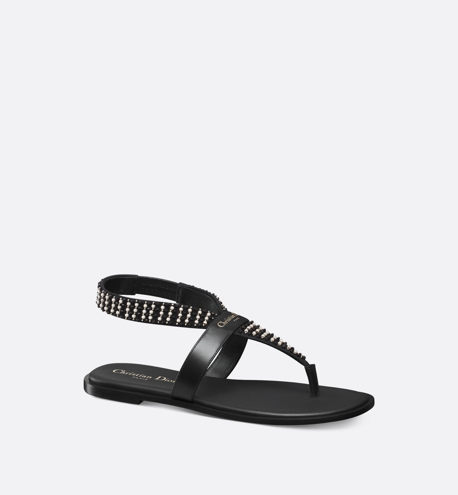 Eclat Thong Sandal Black Lambskin With Black And White Resin Pearls