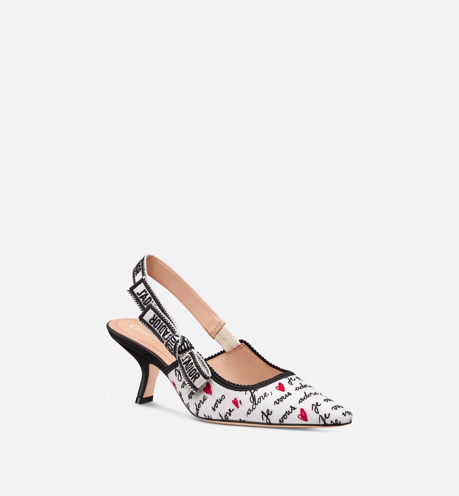 JAdior Dioramour Slingback Pump White Cotton With Embroidered Black And Red Je Vous Adore Motif