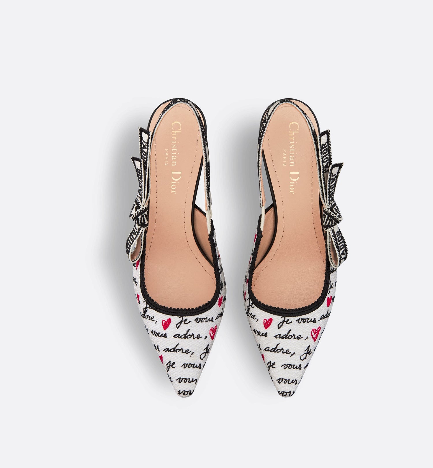 JAdior Dioramour Slingback Pump White Cotton With Embroidered Black And Red Je Vous Adore Motif