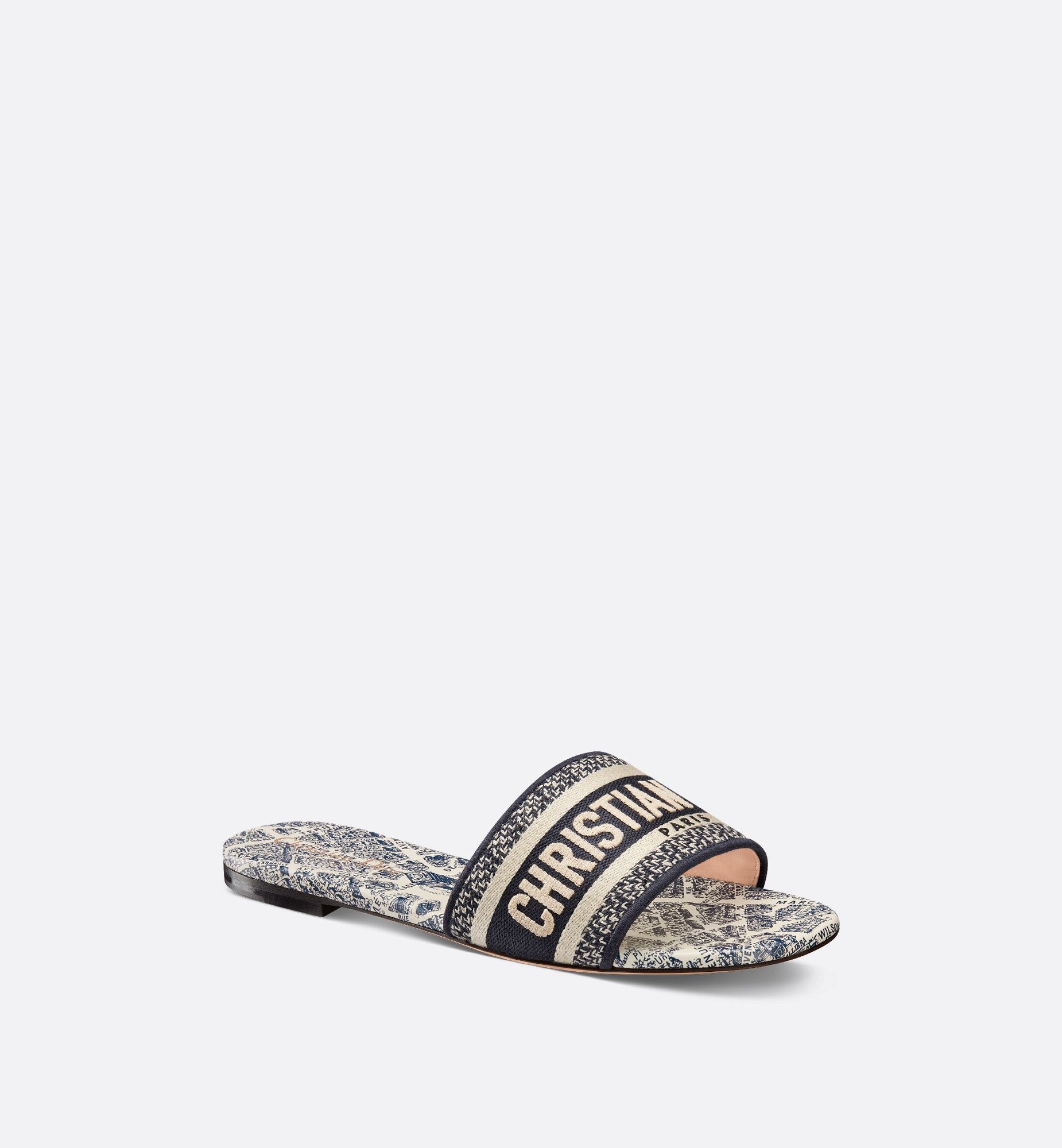 Dway Slide White And Navy Blue Cotton Embroidered With Plan De Paris Motif