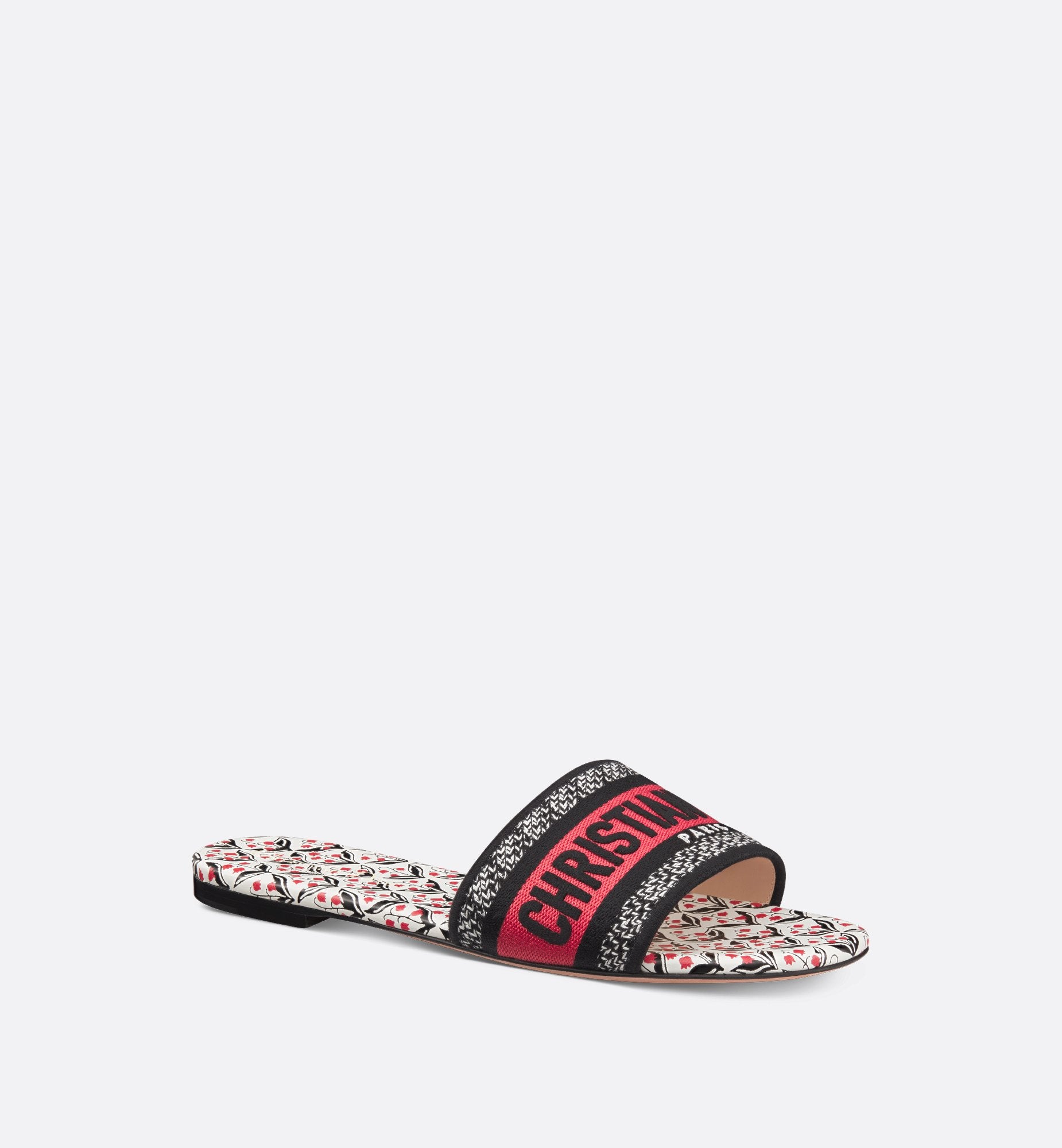 Dioramour Dway Slide Black And Red Embroidered Cotton With White, Black And Red Dior Lily Of The Valley Motif