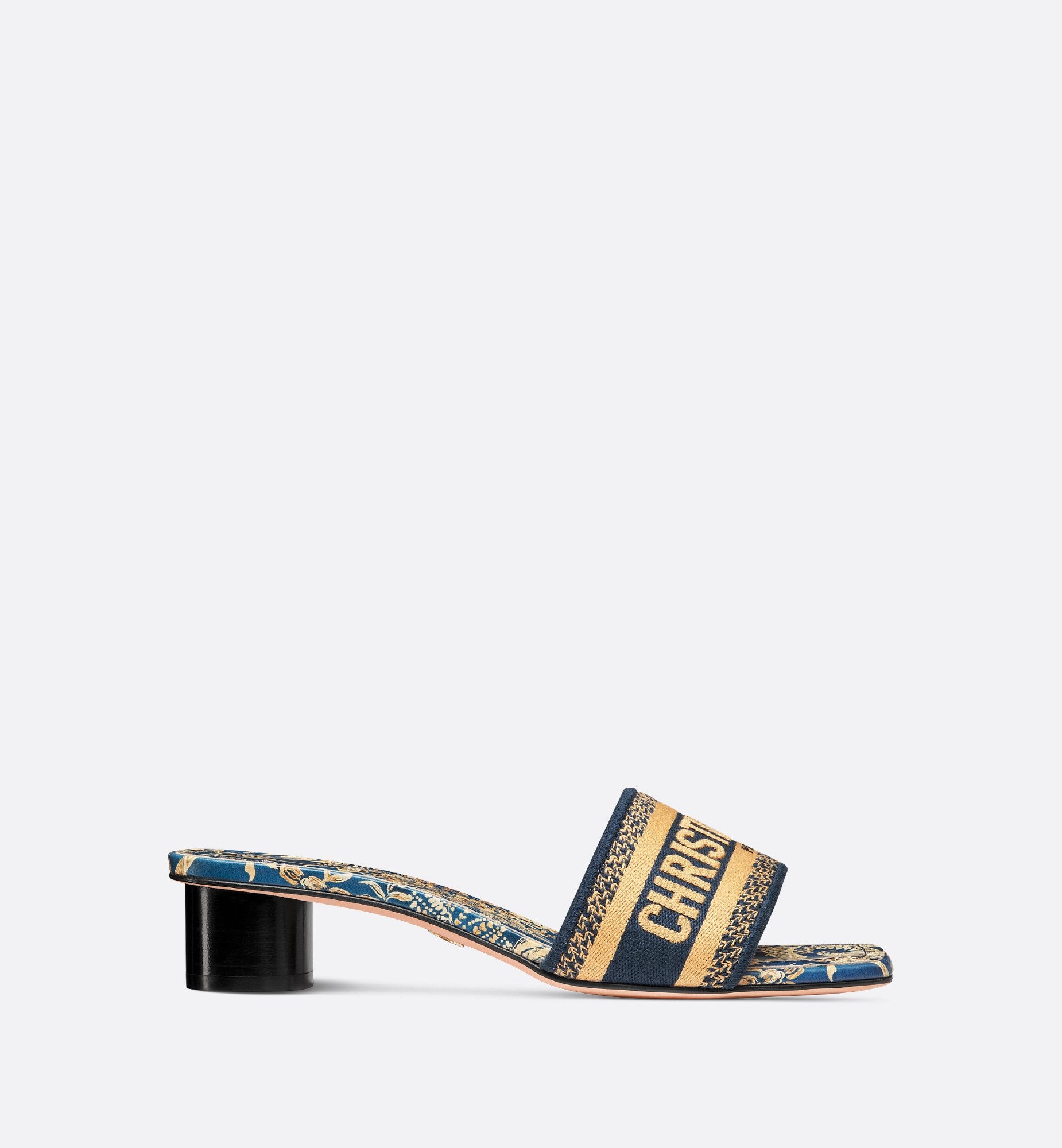 Dway Heeled Slide Cotton Embroidered With Navy Blue And Beige Dior Idylle Motif