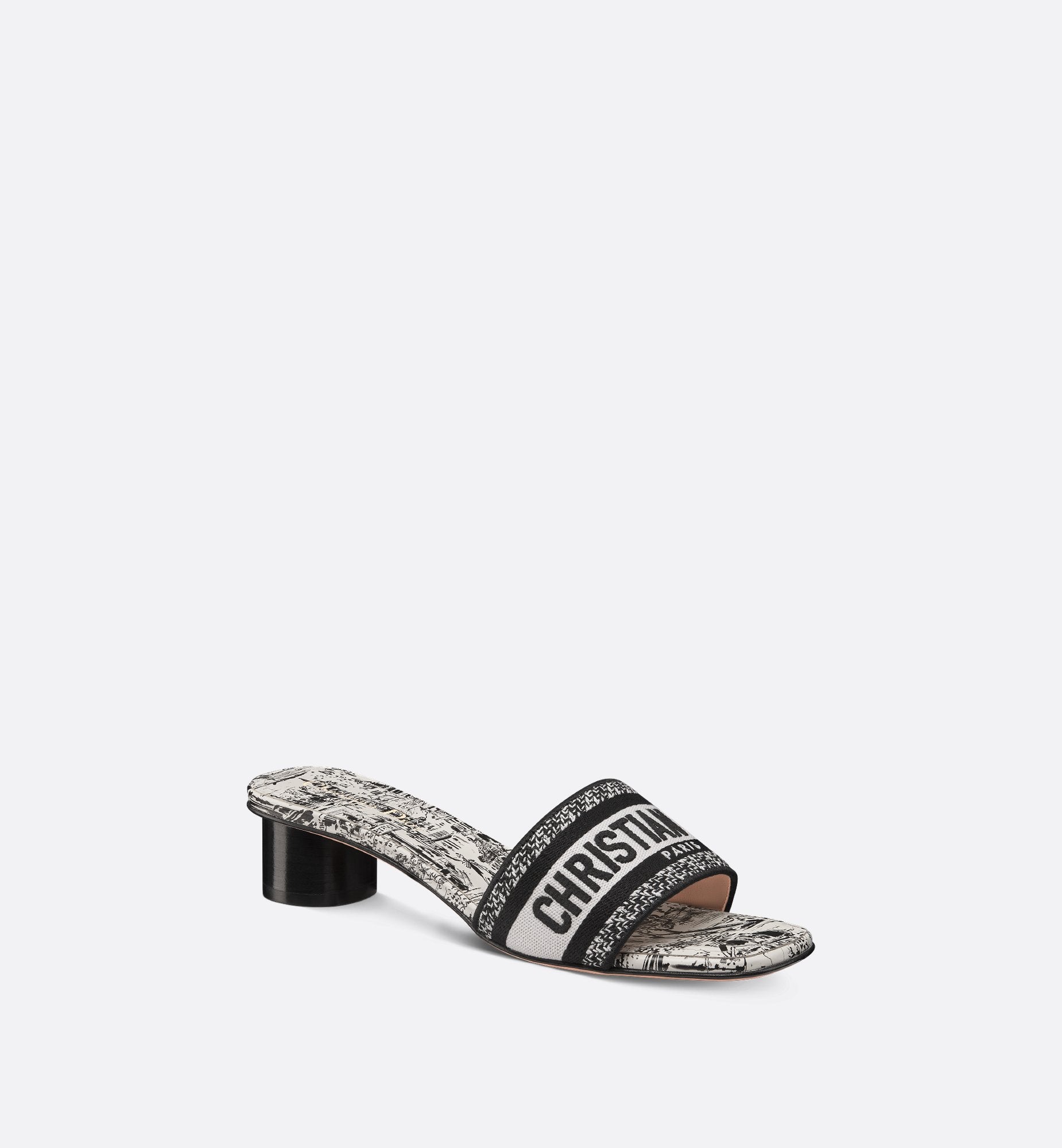 Dway Heeled Slide Cotton Embroidered With White And Black Paris Allover Motif