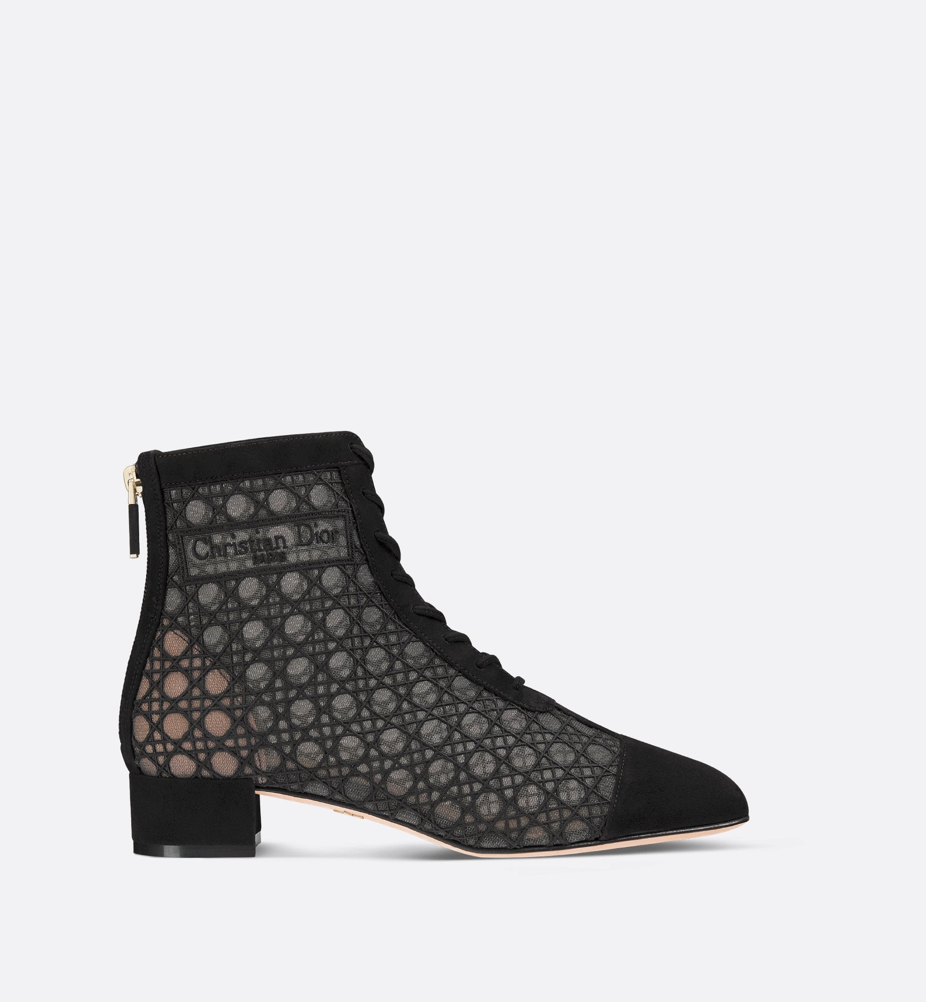 Naughtily D Heeled Ankle Boot Transparent Mesh Embroidered With Black Cannage Motif And Suede Goatskin