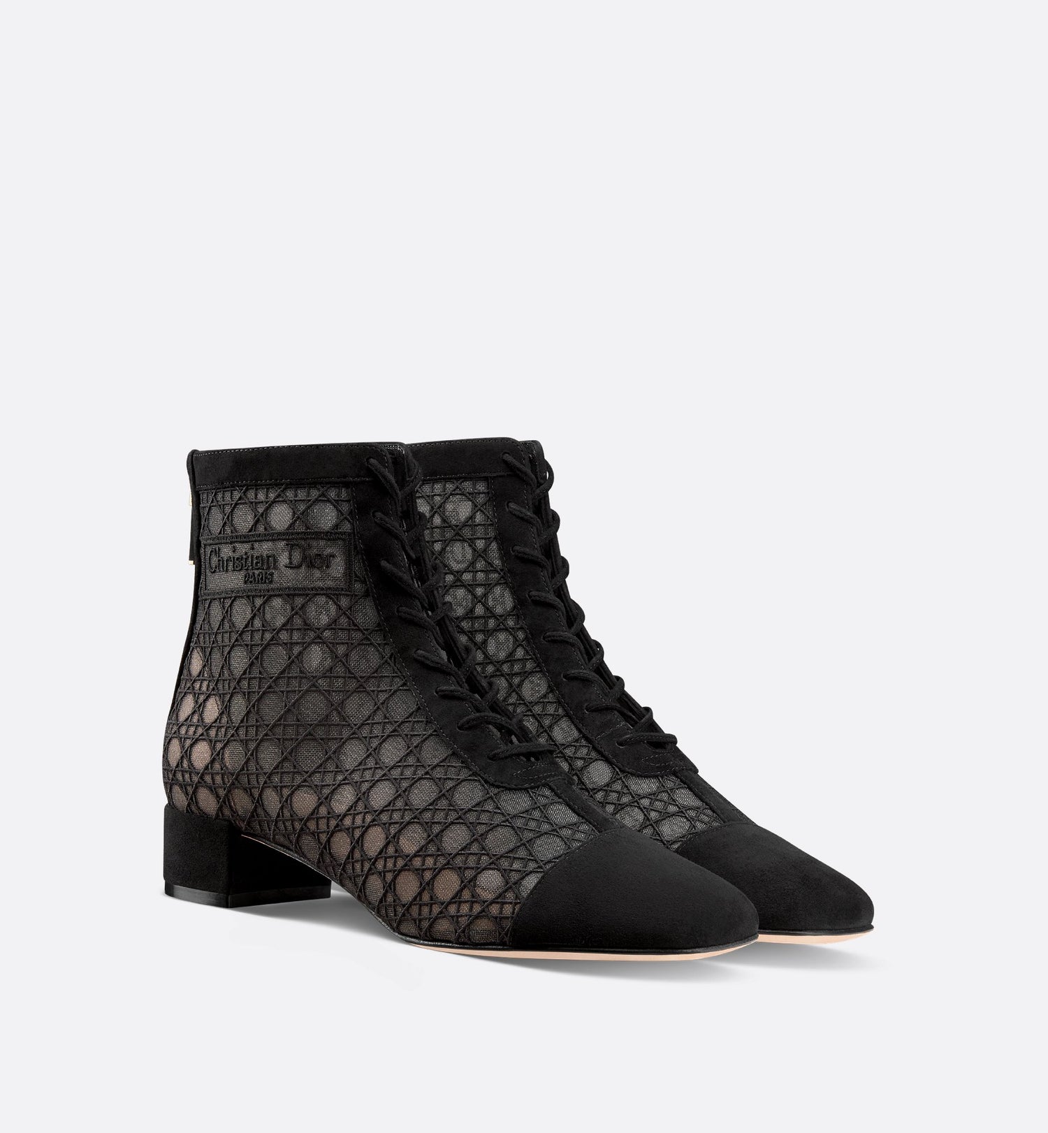 Naughtily D Heeled Ankle Boot Transparent Mesh Embroidered With Black Cannage Motif And Suede Goatskin