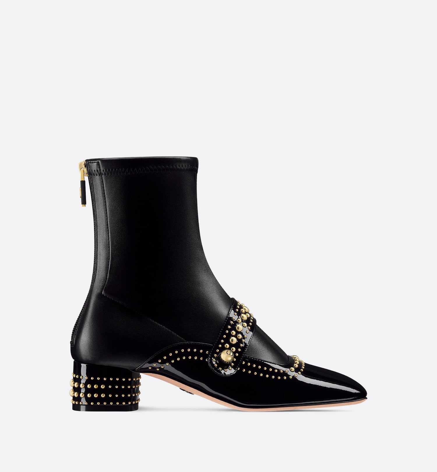 Belle D Heeled Ankle Boot Black Patent Calfskin And Gold-Finish Studs