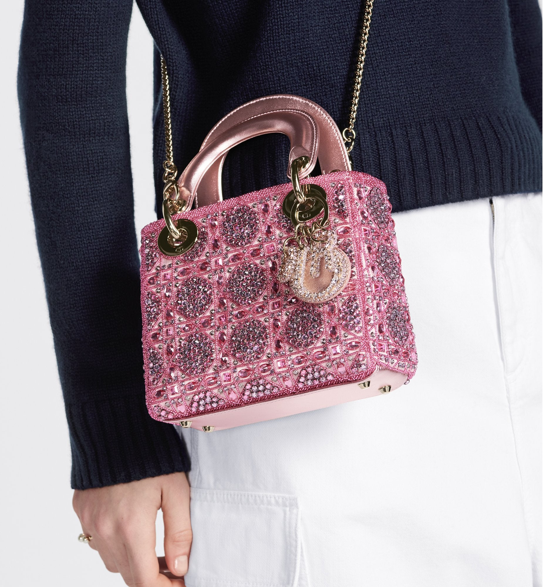 Mini Lady Dior Bag Metallic Calfskin And Satin With Rose Des Vents Resin Pearl Embroidery