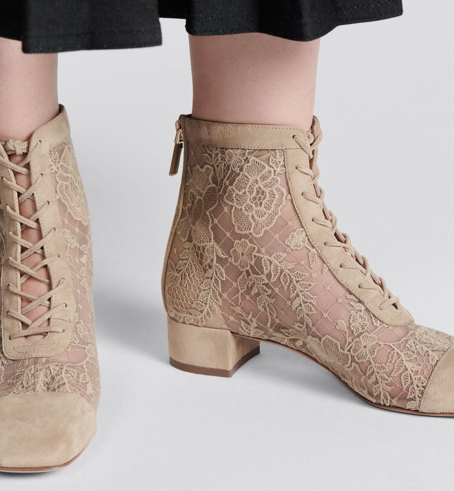 Naughtily D Heeled Ankle Boot Transparent Mesh With Sand-Colored Dior Roses Embroidery And Suede Goatskin