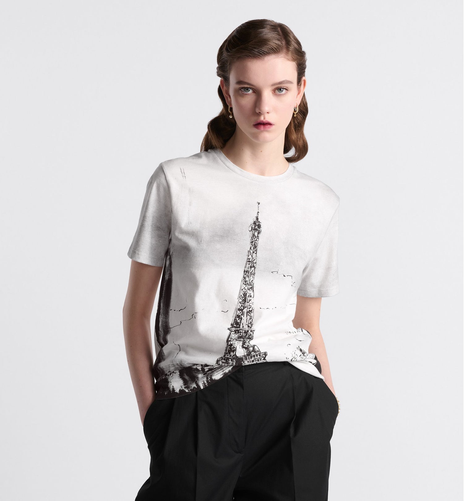 T Shirt Black And White Cotton And Linen Jersey With Paris Motif