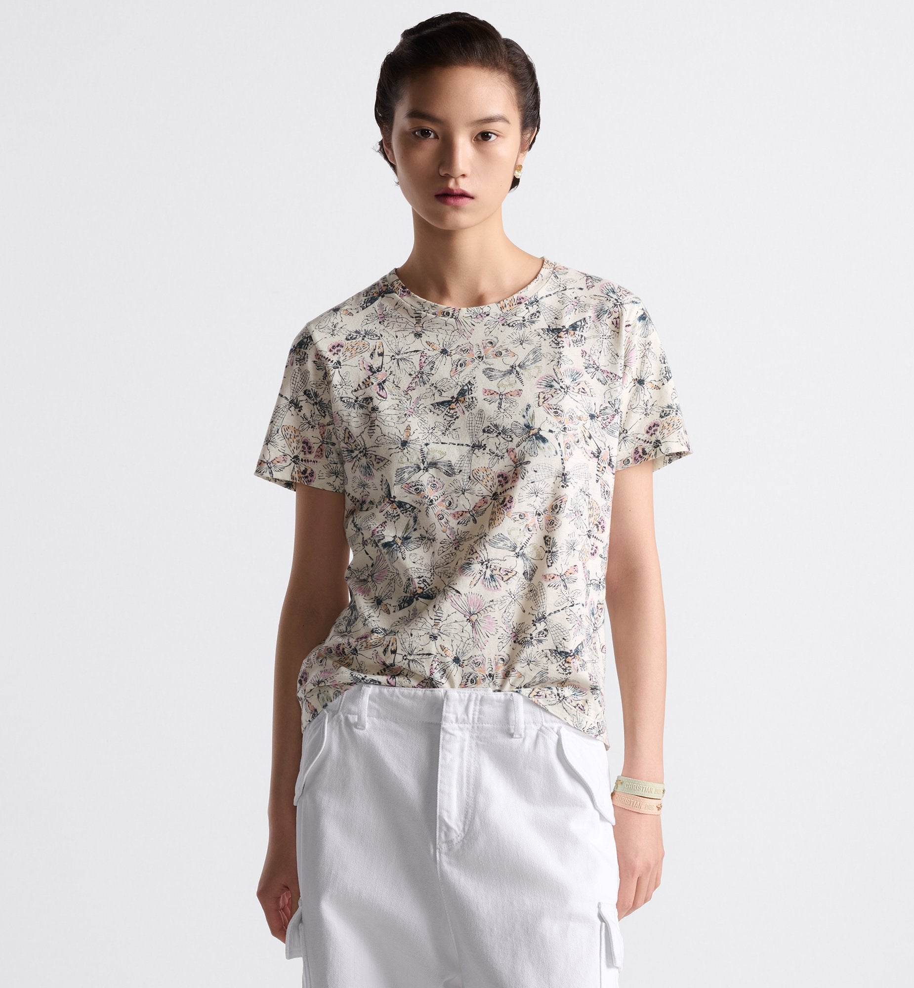 T Shirt White Cotton And Linen Jersey With Multicolor Libellule Camouflage Motif