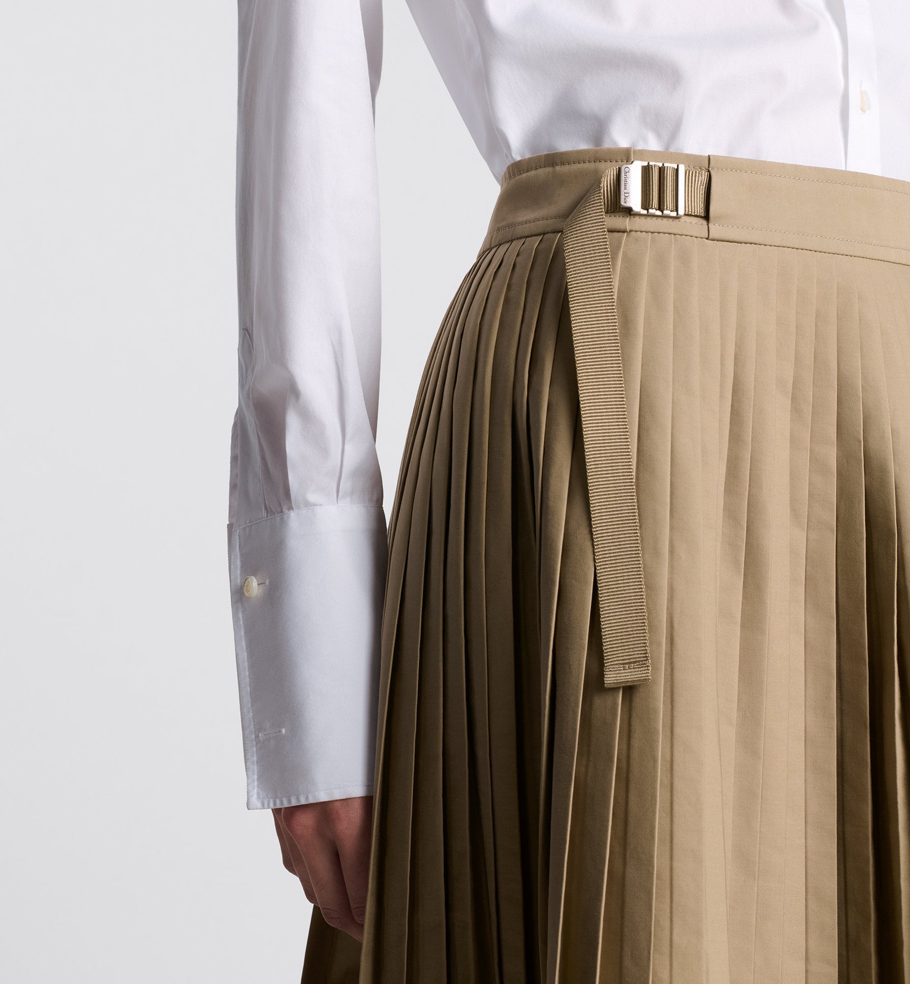 Pleated Mid Length Skirt Beige Cotton Gabardine