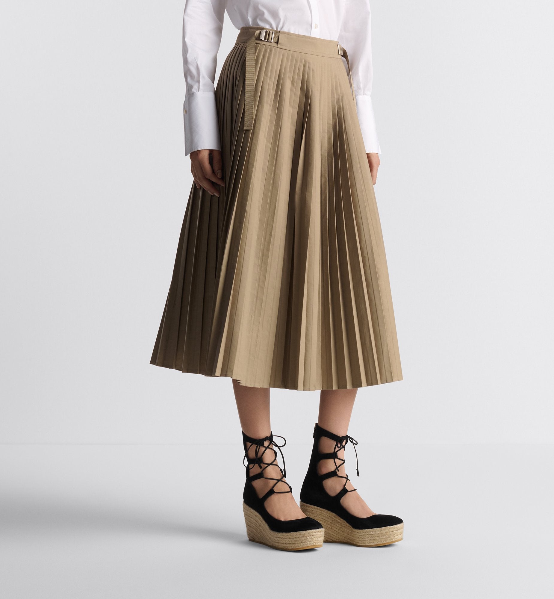 Pleated Mid Length Skirt Beige Cotton Gabardine