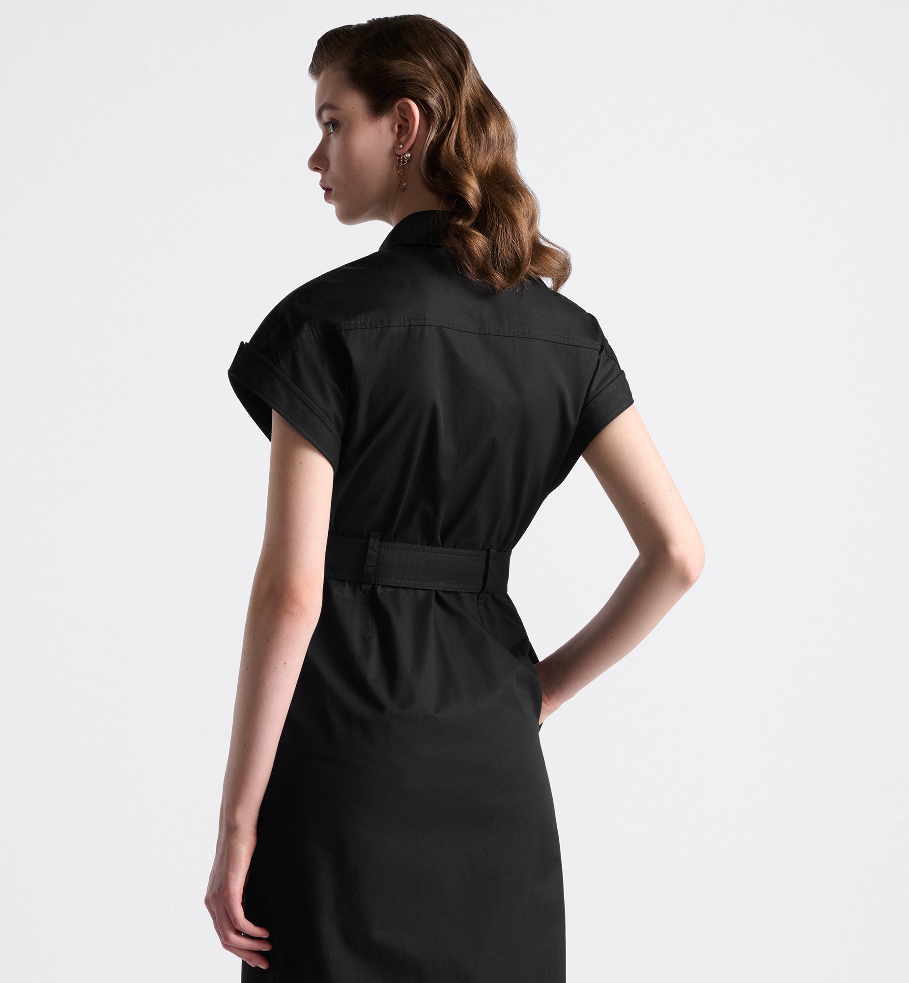 Mid Length Shirtdress Black Cotton Gabardine