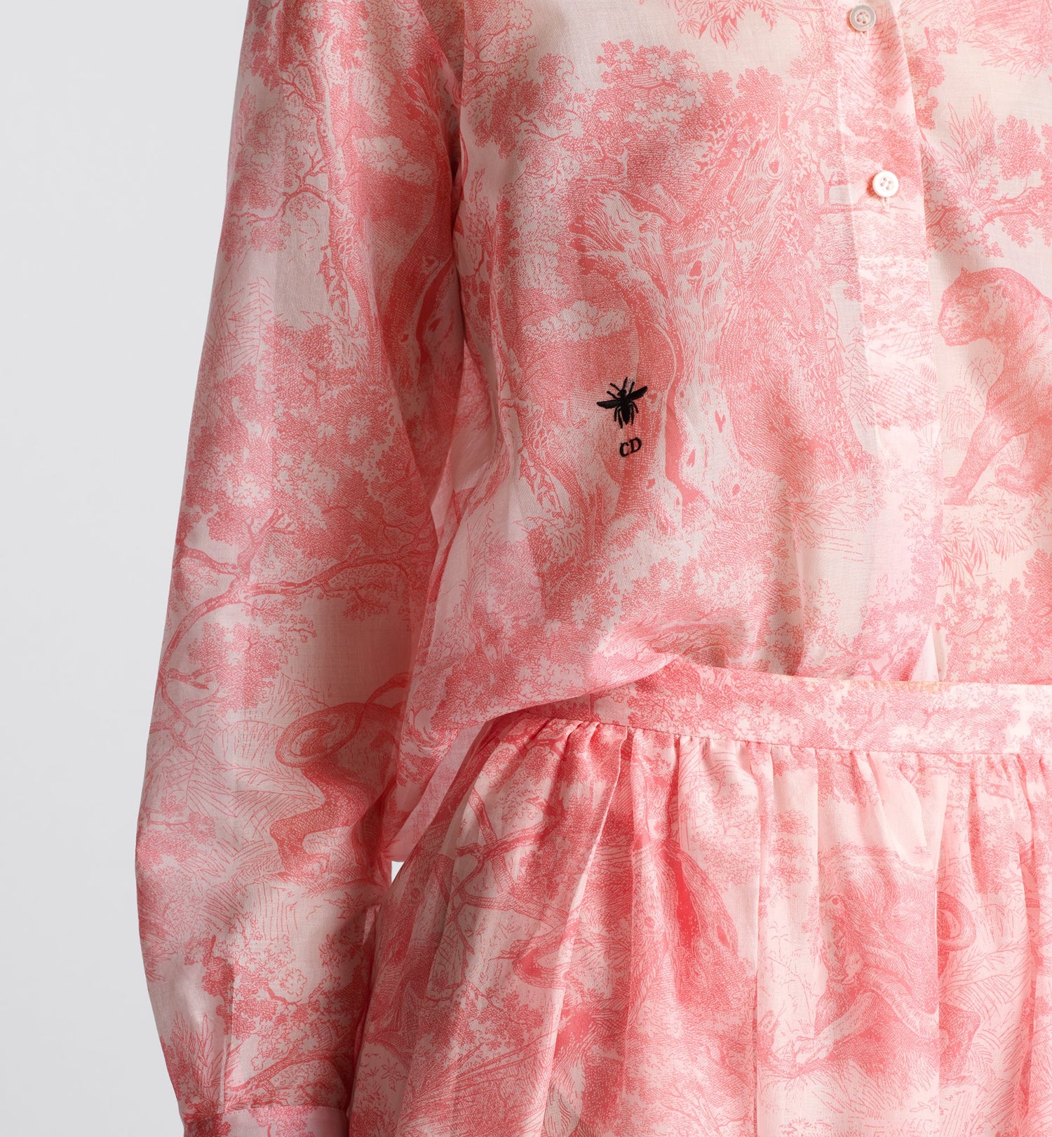 Dioriviera Long Blouse White And Candy Pink Cotton Muslin With Toile De Jouy Sauvage Motif