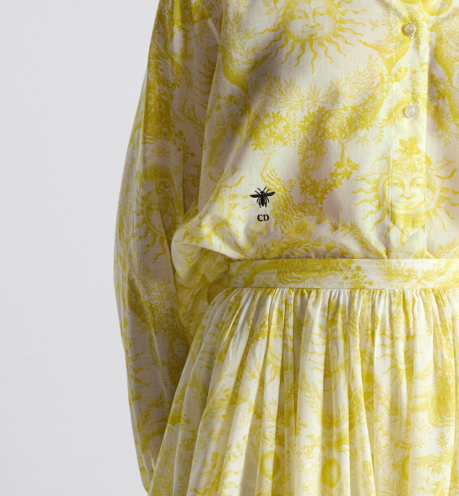 Dioriviera Long Blouse White And Lemon Yellow Cotton Muslin With Toile De Jouy Soleil Motif