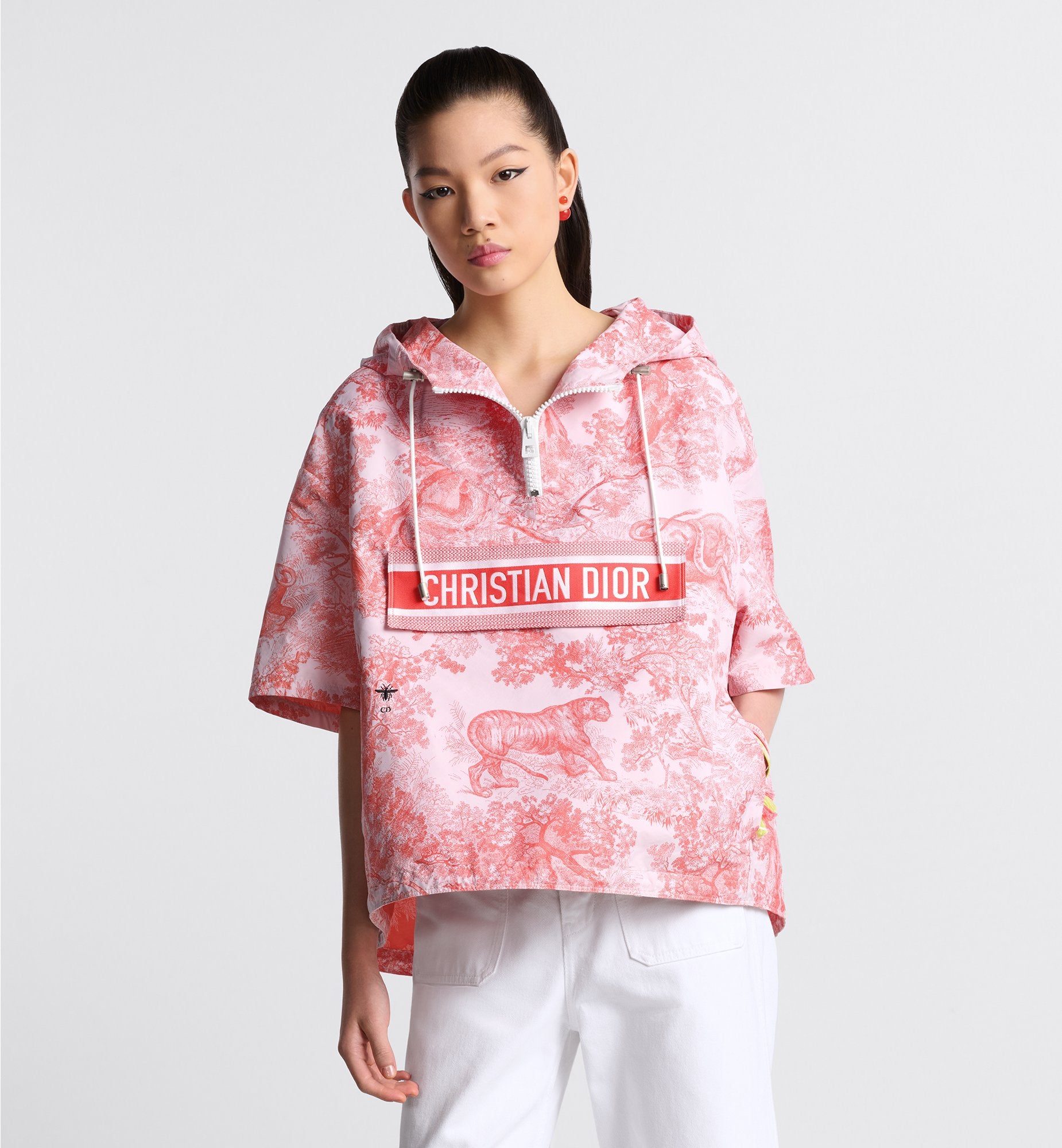 Dioriviera Short Sleeved Cropped Anorak With Hood White And Coral Technical Taffeta Jacquard With Toile De Jouy Sauvage Motif