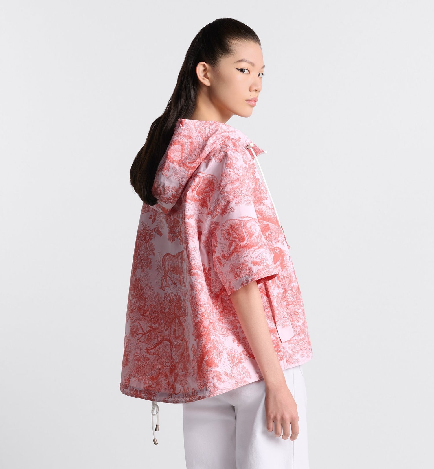 Dioriviera Short Sleeved Cropped Anorak With Hood White And Coral Technical Taffeta Jacquard With Toile De Jouy Sauvage Motif