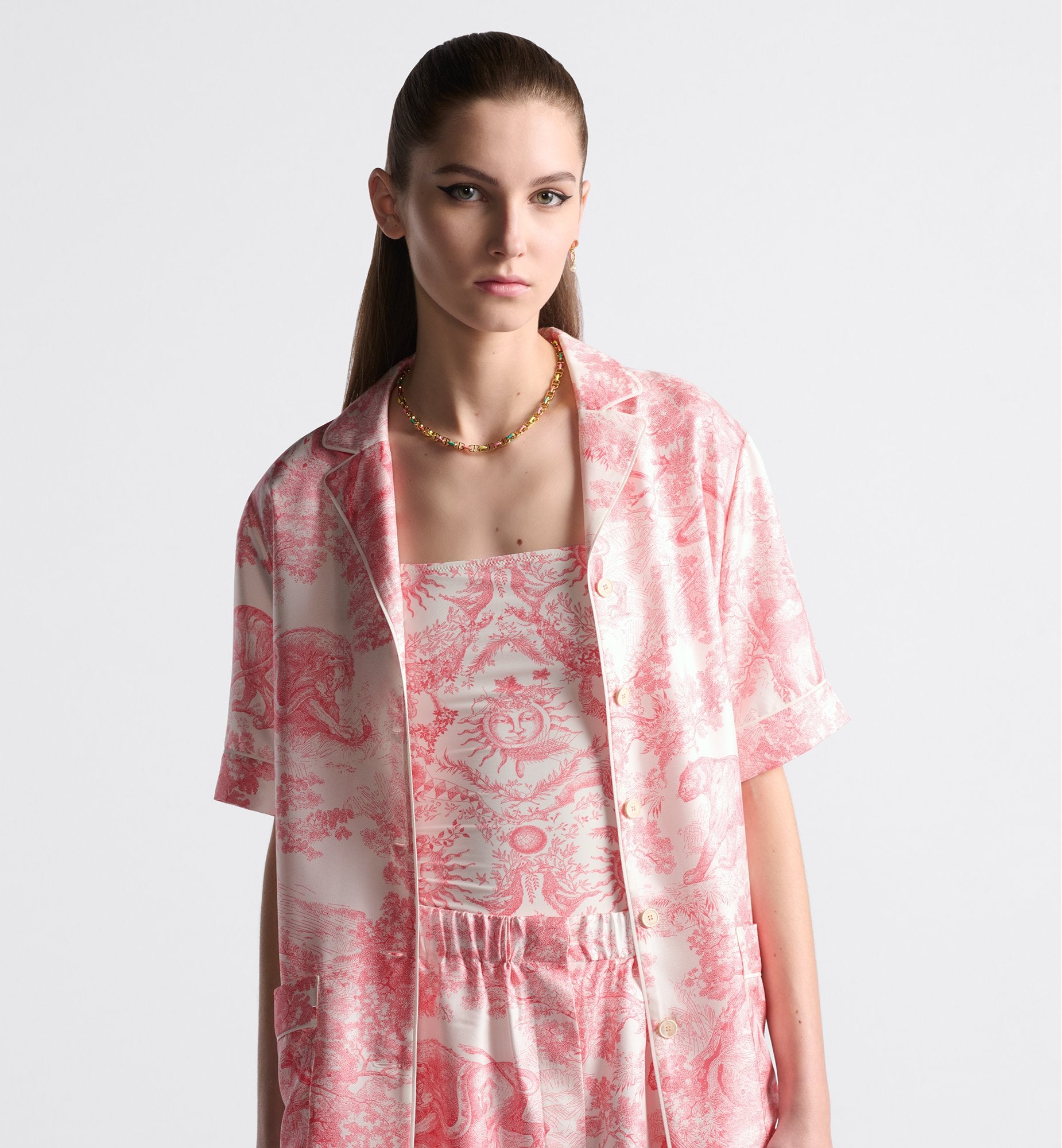 Dioriviera Dior Chez Moi Short Sleeved Shirt White And Candy Pink Silk Twill With Toile De Jouy Sauvage Motif