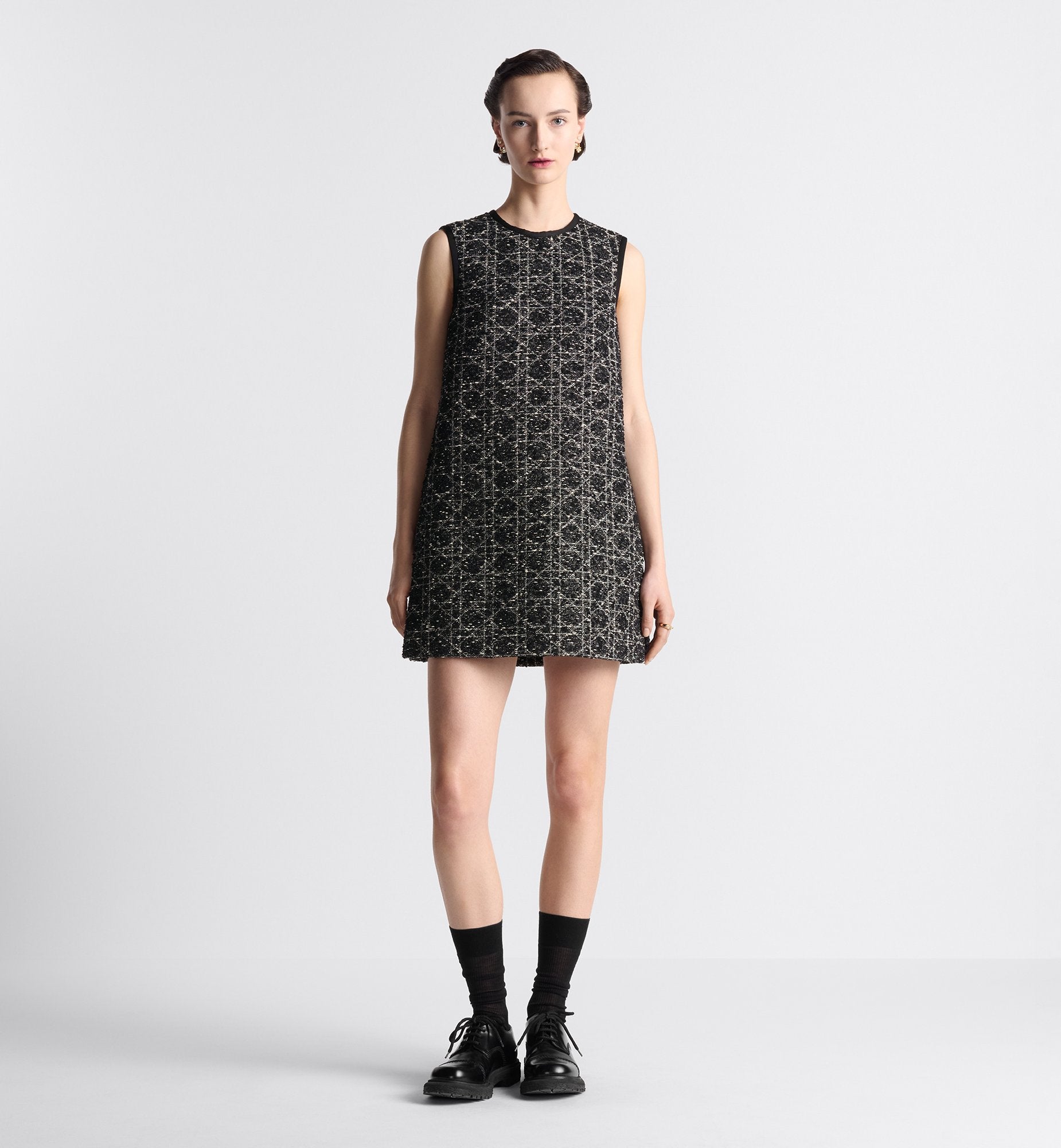 Macrocannage Sleeveless Tunic Black And White Cotton Blend Tweed