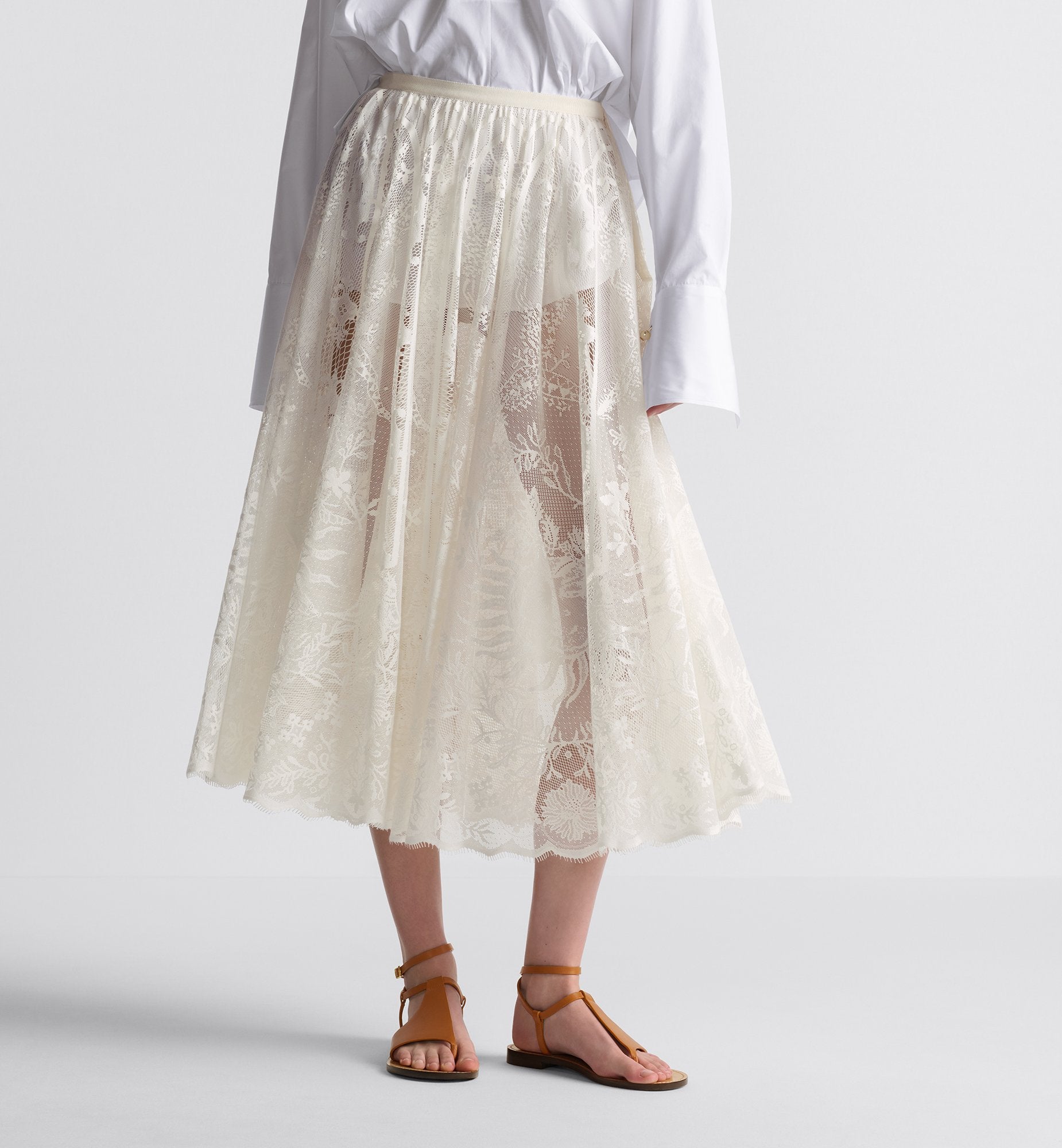 Dioriviera Flared Mid Length Skirt White Toile De Jouy Soleil Technical Cotton Lace