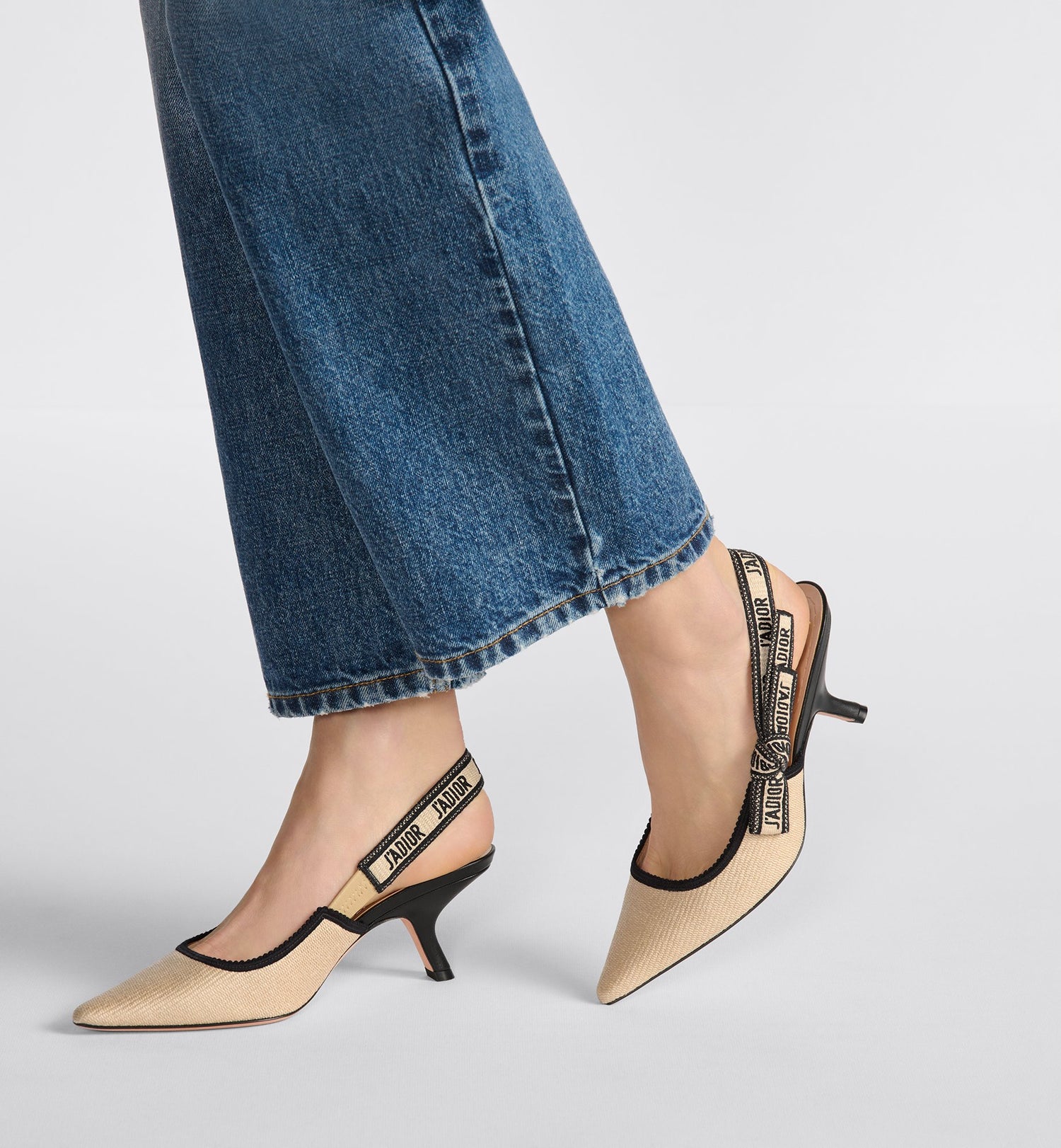 JAdior Slingback Pump Natural Raffia And Black Embroidered Cotton