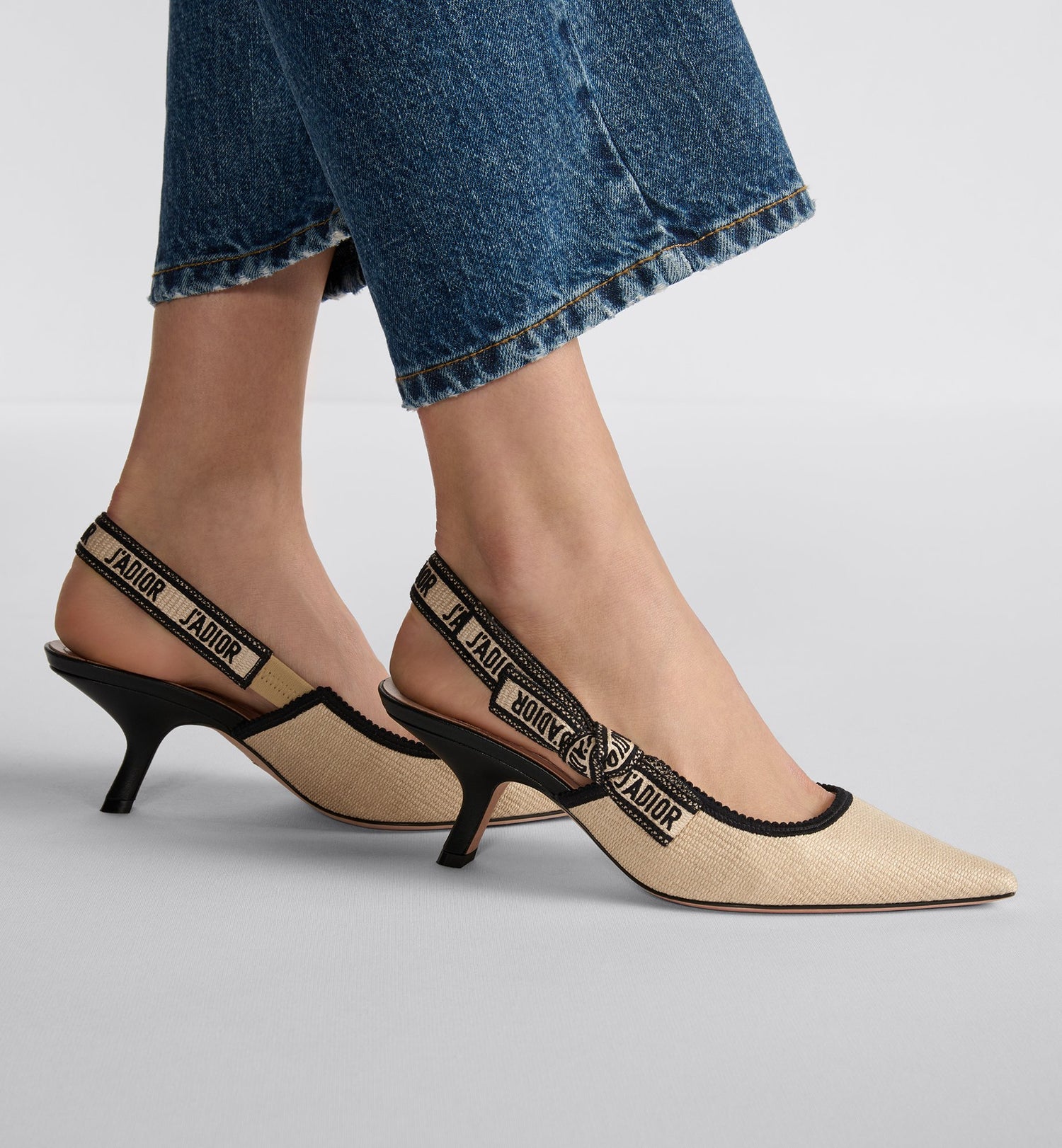 JAdior Slingback Pump Natural Raffia And Black Embroidered Cotton