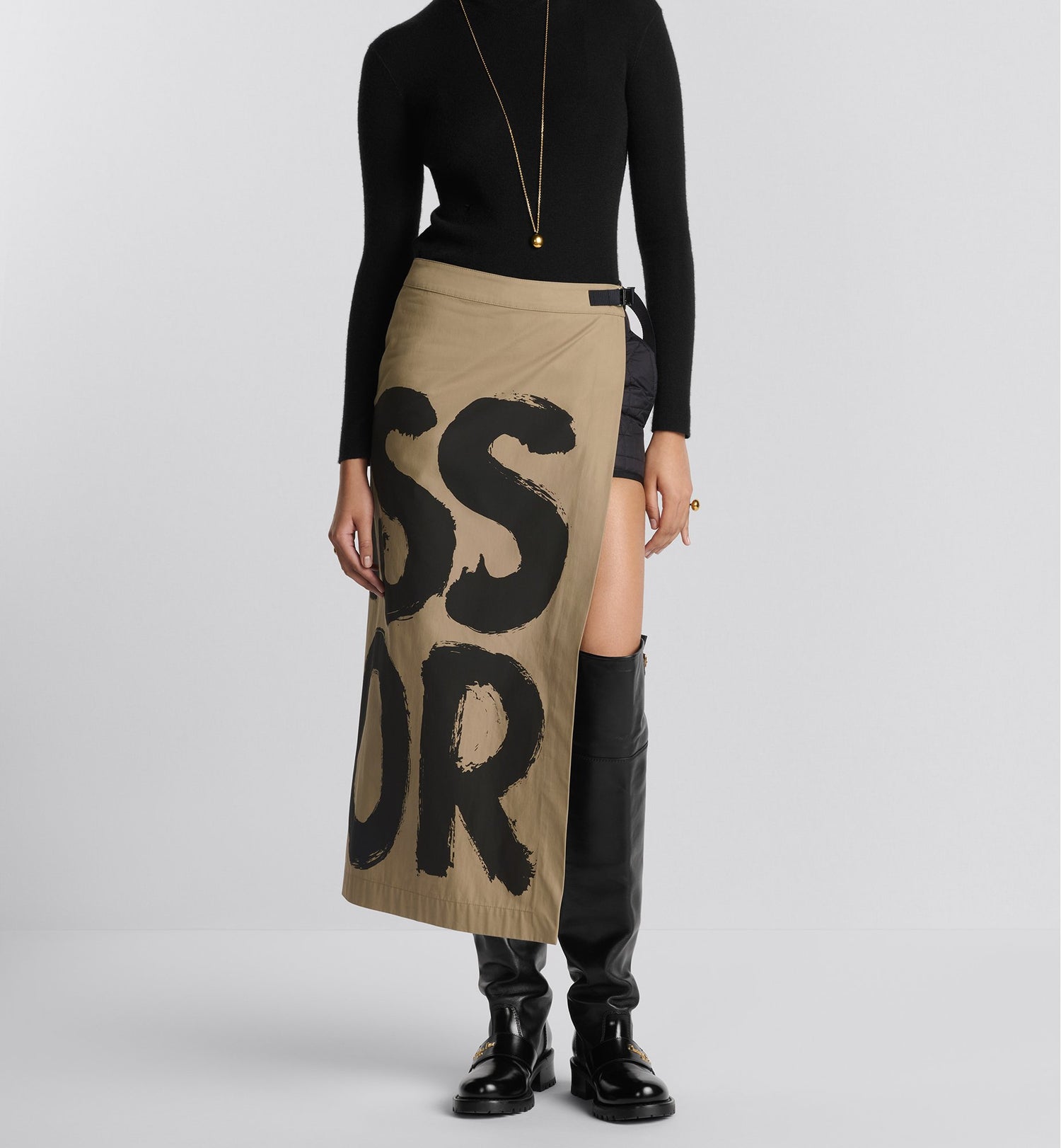 Cannage Mid Length Open Front Skirt With Integrated Shorts Beige Cotton Gabardine With Black Miss Dior Graffiti Motif