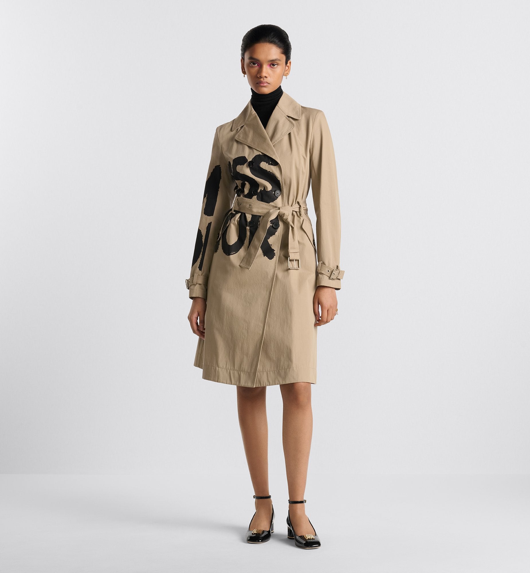 Trench Coat Beige Cotton Gabardine With Black Miss Dior Graffiti Motif