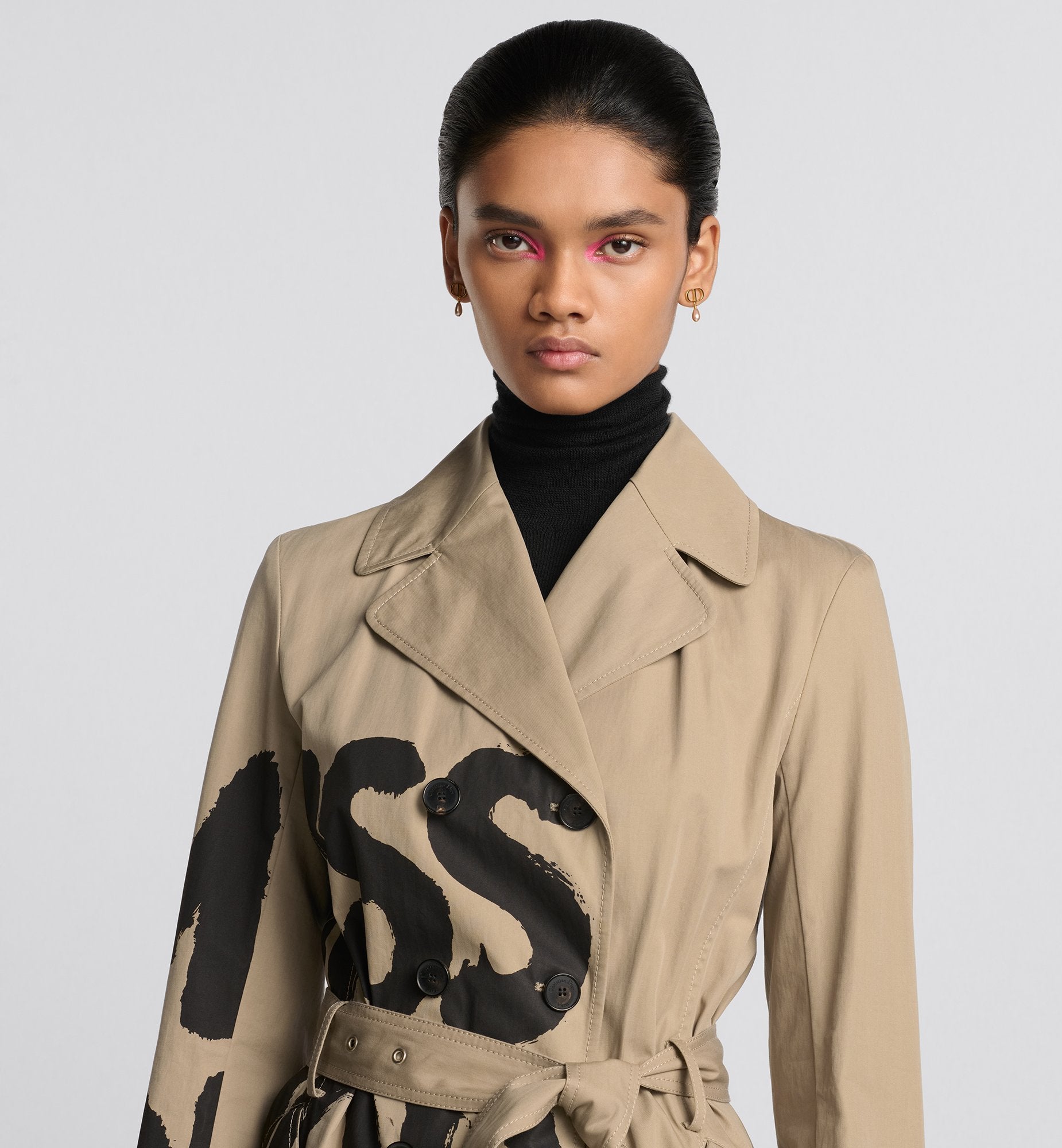 Trench Coat Beige Cotton Gabardine With Black Miss Dior Graffiti Motif