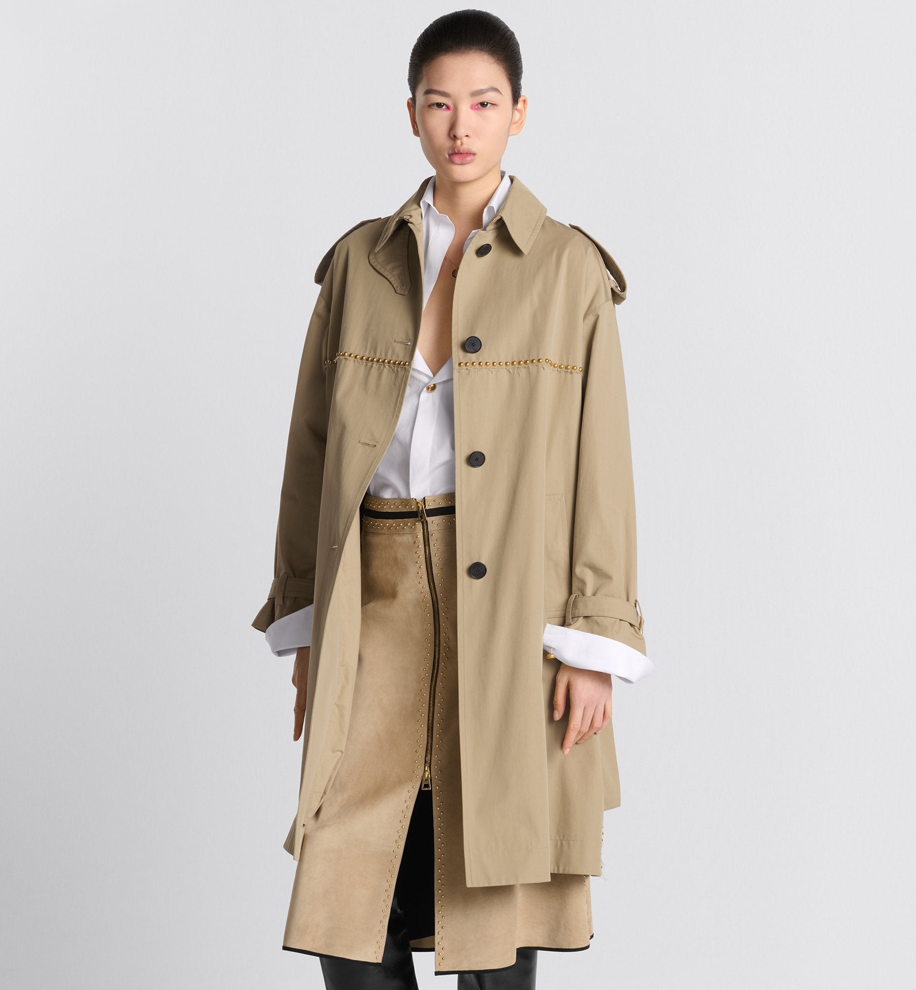 Embroidered Trench Coat Beige Cotton Gabardine And Gold-Finish Studs