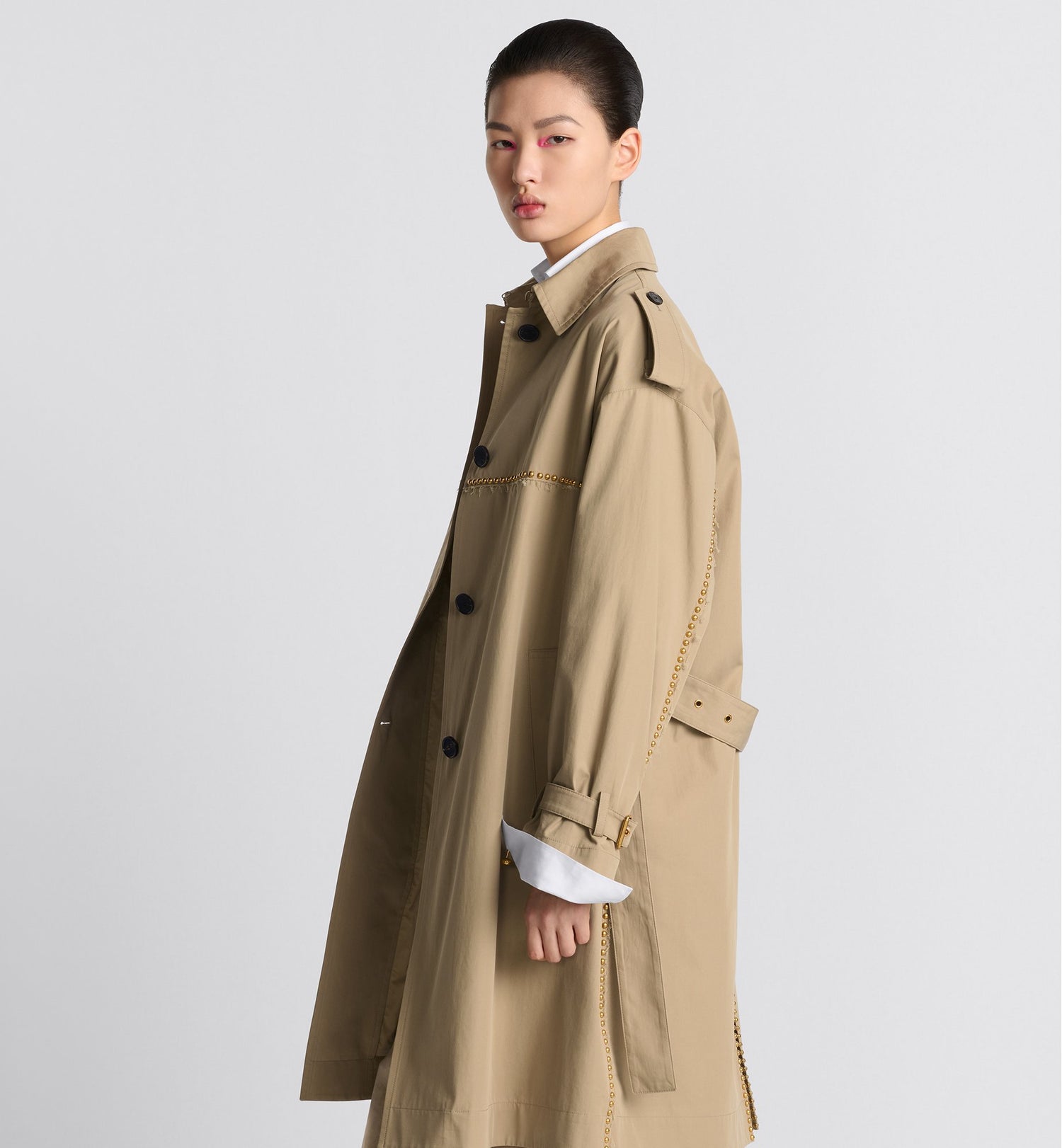 Embroidered Trench Coat Beige Cotton Gabardine And Gold-Finish Studs